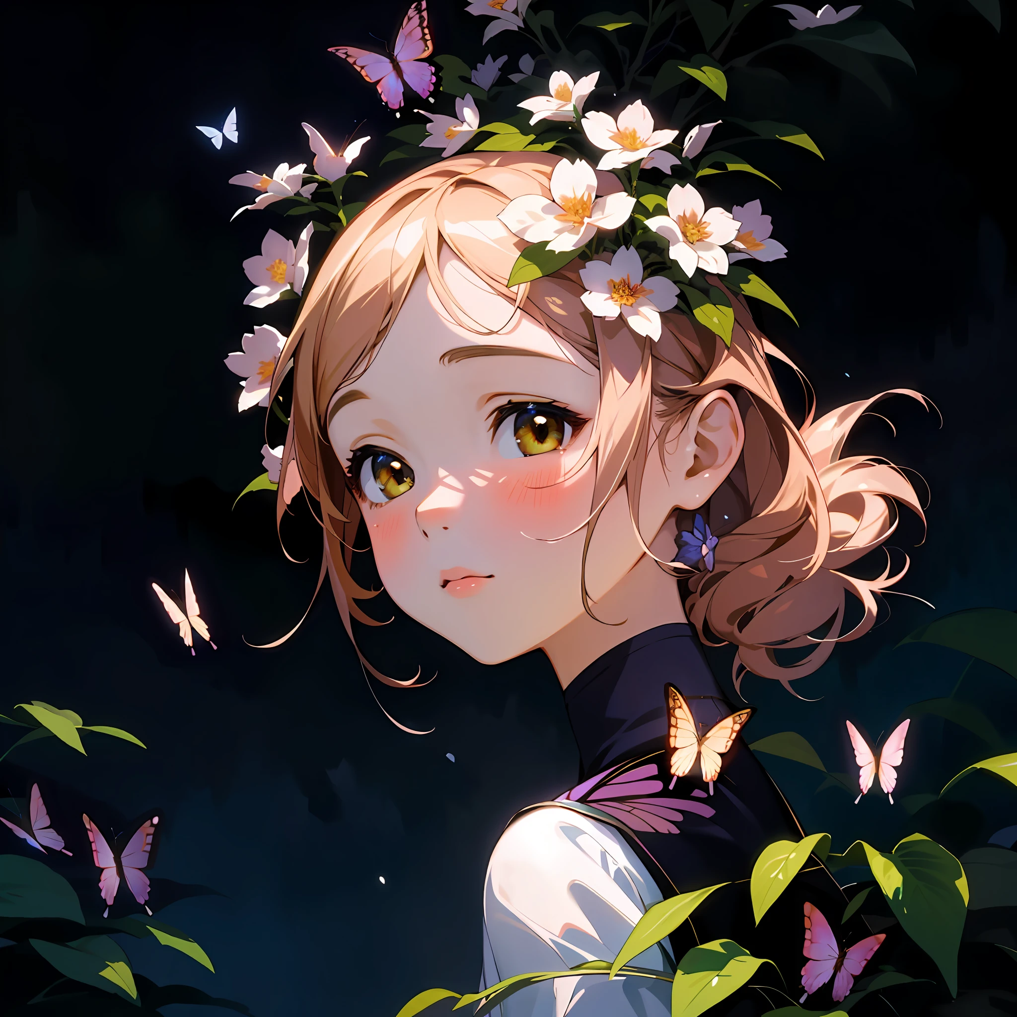 (best quality, masterpiece, ultra-realistic), portrait of 1 beautiful and delicate girl, with a soft and peaceful expression, the background scenery is a garden with flowering bushes and butterflies flying around.