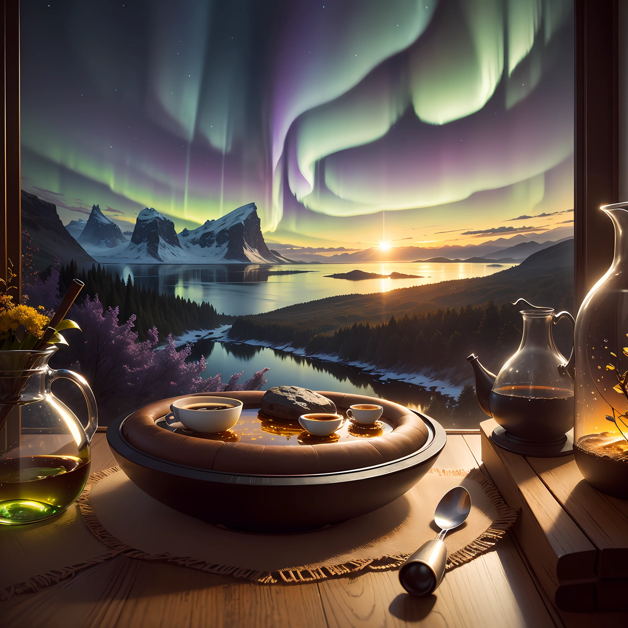 Computer, realistic fantasy, Extensive landscape ultra photography (general view showing glass glass, coffee, bottle, clouds, dawn, dew drops, northern lights, ), blurred background, gloomy, yellow, purple background, magic