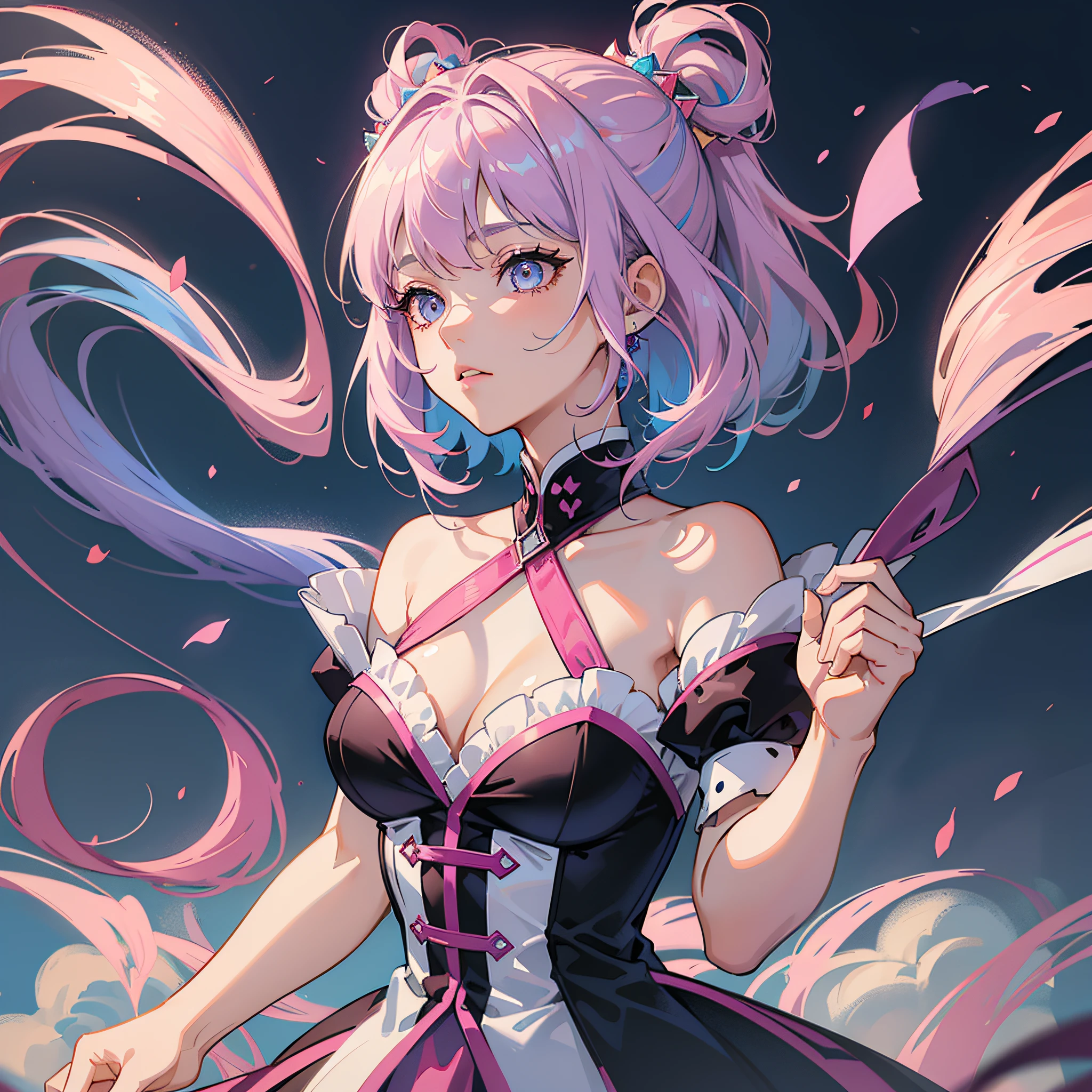 ((ultra-detailed CG Unity 8K Wallpaper,best quality, masterpiece)), an extremely delicate and beautiful, floating, high resolution, [(1girl),(multi-colored hair+blue hair:1.2+pink hair:1.2+purple hair+white hair:1.2),(delicate and beautiful eyes:1.1), black choker, pink ribbons, dynamic pose, delicate stockings, long shot]:0.8.