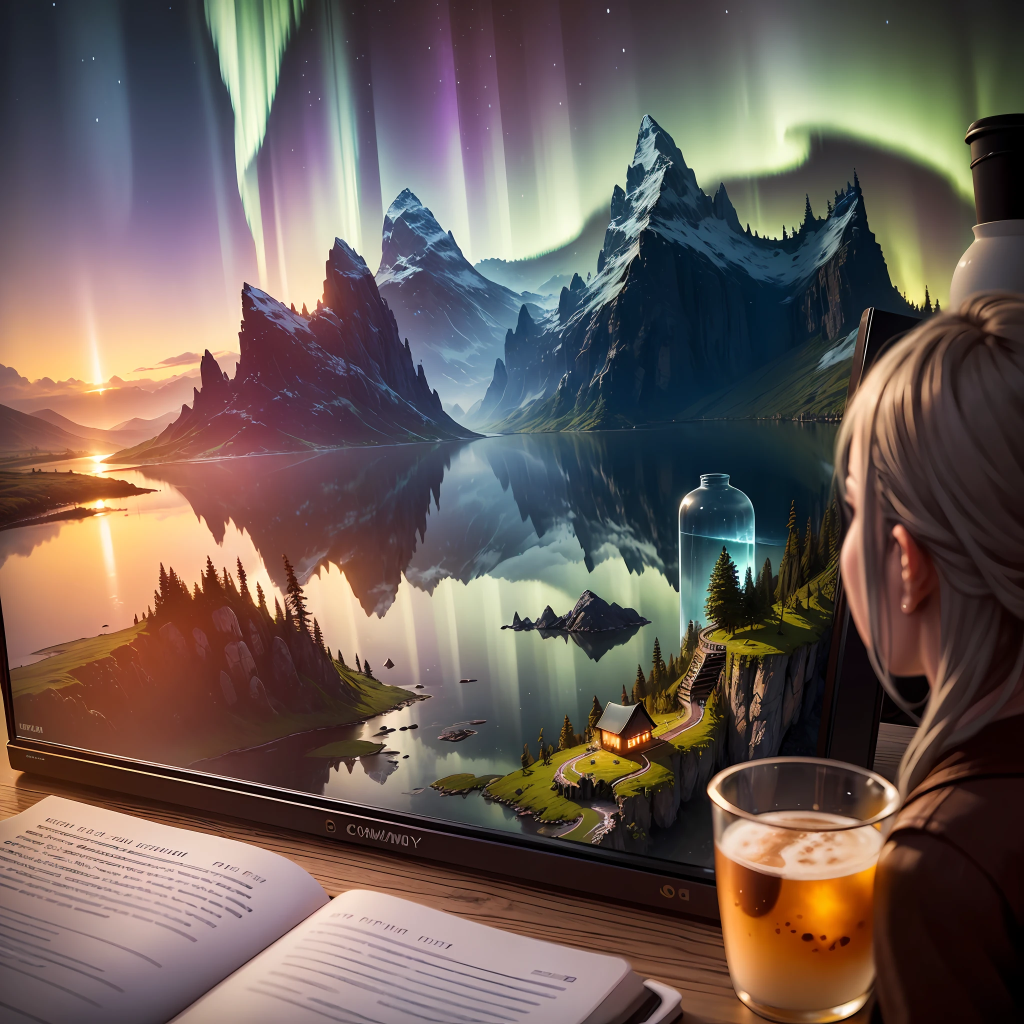 Computer, realistic fantasy, Extensive landscape ultra photography (general view showing glass glass, coffee, bottle, clouds, dawn, dew drops, northern lights, ), blurred background, gloomy, yellow, purple background, magic