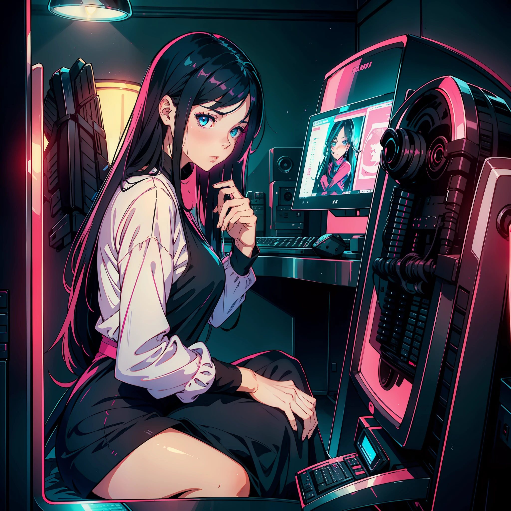 A woman, sad expression, long black hair, blue eyes, pink dress, sitting in front of the computer, side, far view, in the room