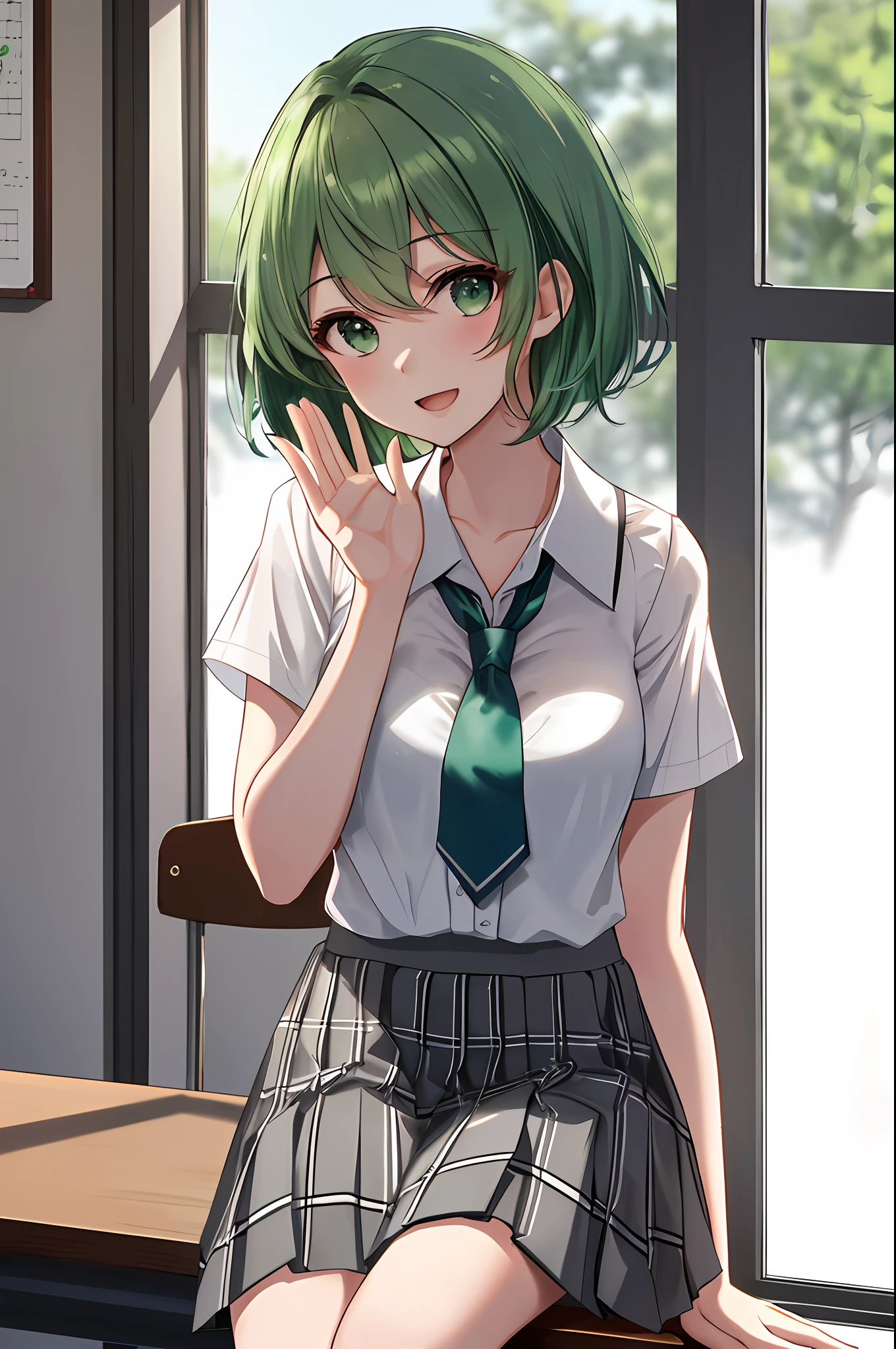 Top quality, masterpiece, accurate depiction, highly detailed 8K wallpaper, (transcendent beautiful girl: 1.5), break, green hair, short hair, break, perfect five fingers, break, absolute area, happy, (open mouth), break, solo focus, tie, (short sleeve white blouse), (gray check pleated skirt), classroom, desk and chair, sitting, (waving to viewer, put your hands on your own chest),