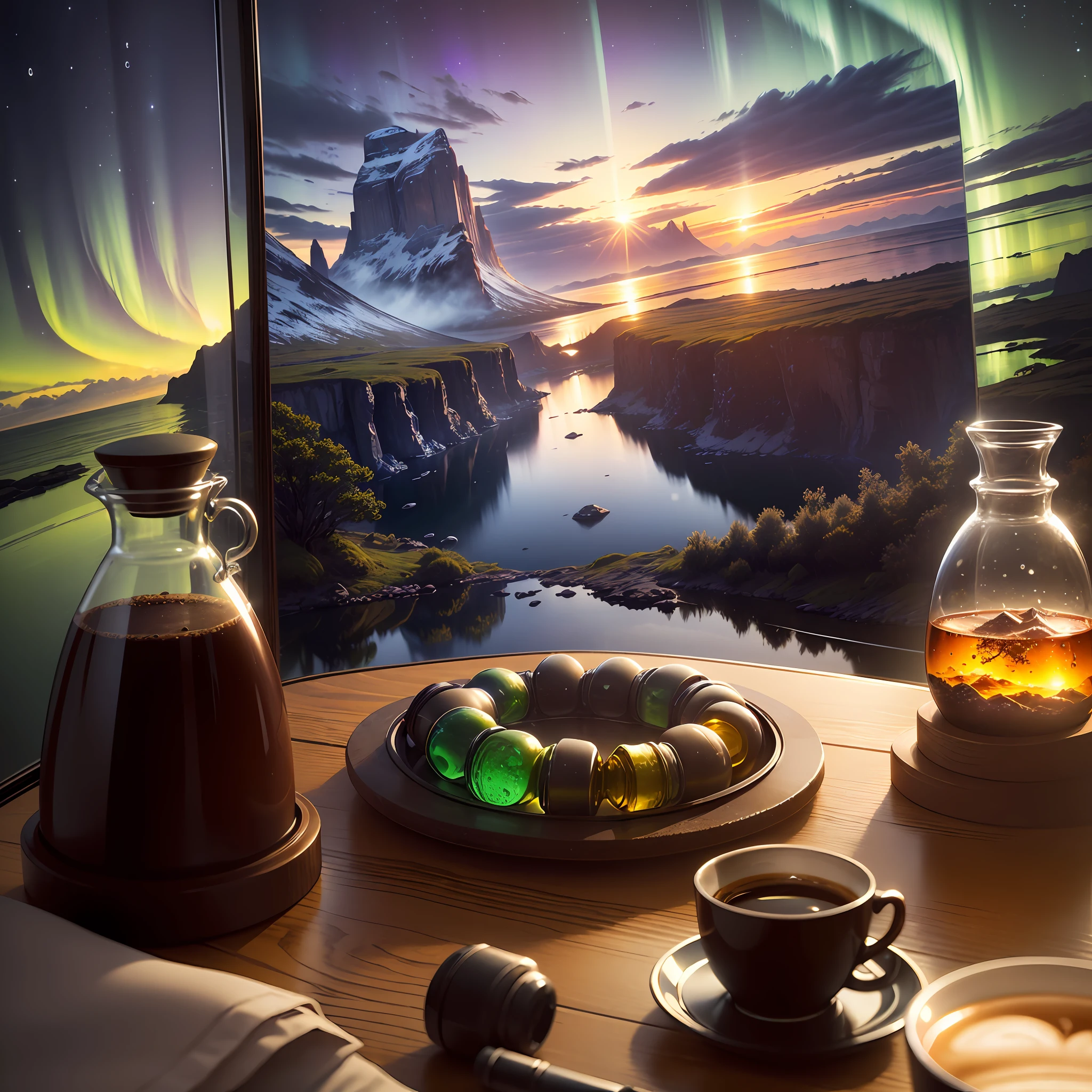 Computer, realistic fantasy, Extensive landscape ultra photography (general view showing glass glass, coffee, bottle, clouds, dawn, dew drops, northern lights, ), blurred background, gloomy, yellow, purple background, magic
