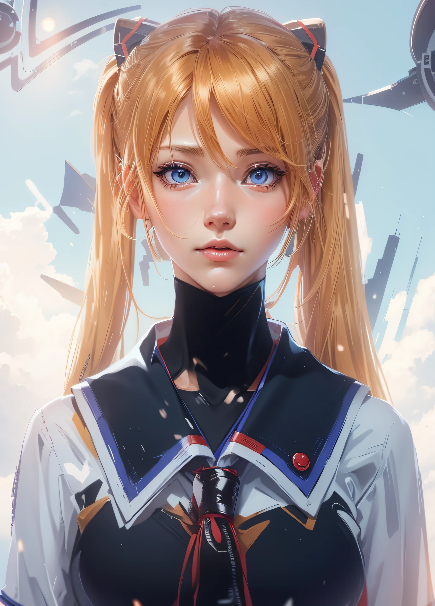 Live action, frontal, face-to-face, face up, ponytail and blue-eyed anime girl in sailor suit, blonde anime girl with long hair, beautiful anime schoolgirl, surreal high school girl, digital manga art made by anime painter studio, anime character, asuka, highest quality, high definition, hair is realistic, hair is clean one by one, Evangelion characters, Shikinami Asuka Langley, Soryu Asuka Langley, female --auto --s2