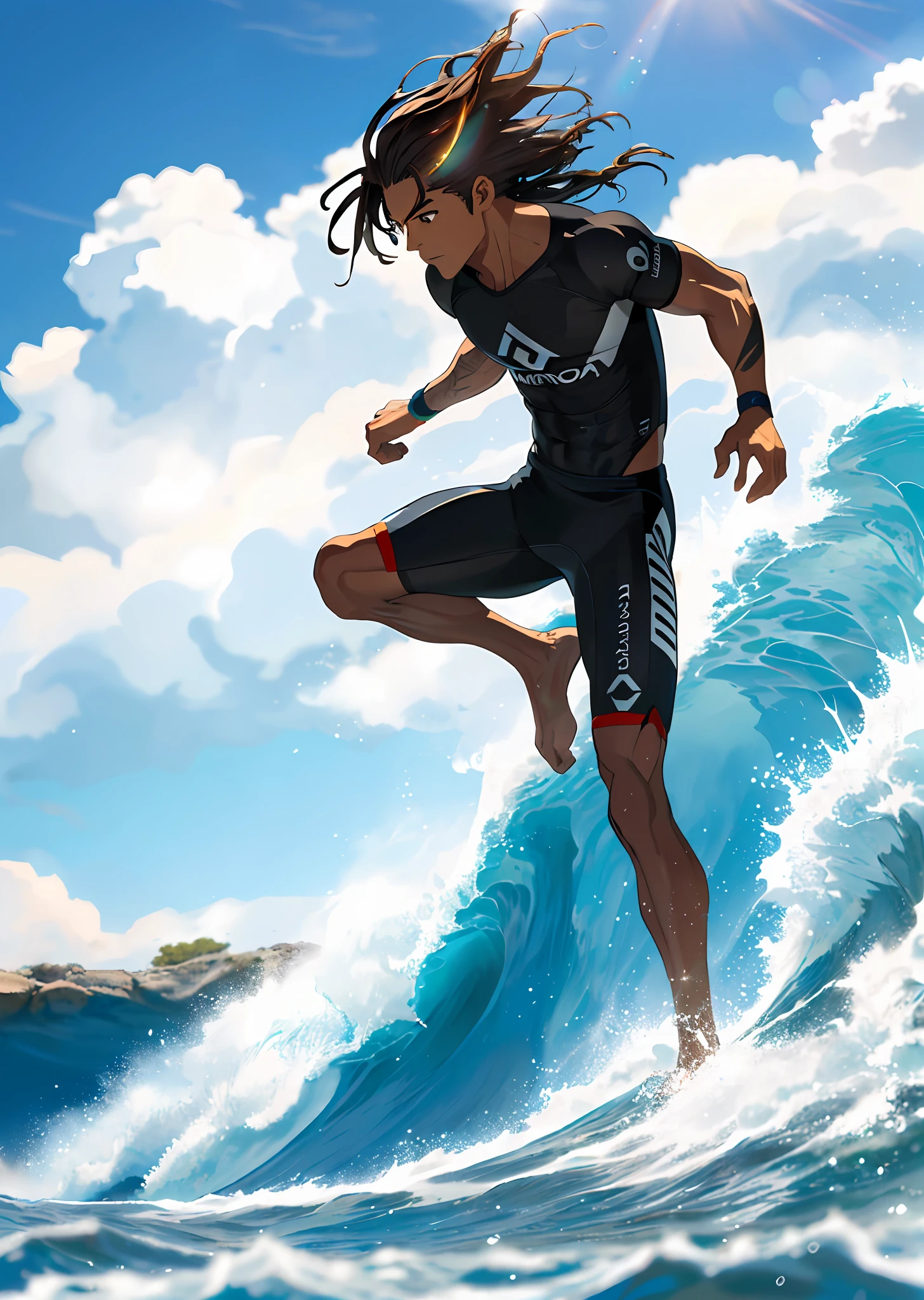 (beautiful and magnificent skyline, majestic sky), (extremely tense and dramatic pictures, moving visual effects), (high hanging Polaris, colorful natural light), (1youngboy), (darkskin) (on his surfboard) (surfboard) (no shirt, bermuda de surf com detalhes dourados), (sem camisa), (dynamic pose on top surfboard:1.3, surfind wave, dando uma rasgada jogando agua, splash), ( black eyes, cabelo negro com dreads cacheado,  sparkling boy), (gabriel medina), (surfing trick), (hunterxhunter), [:0.8], (large waves), (oncoming wind), (paraside island, palmtrees, blue sky) (floresta ao fundo da praia) (brown hair and background Coordination effect: 1.2), (praia ao fundo, com coqueiros), (luz do por do sol), (close shot, long shot mix and match)[::0.9]