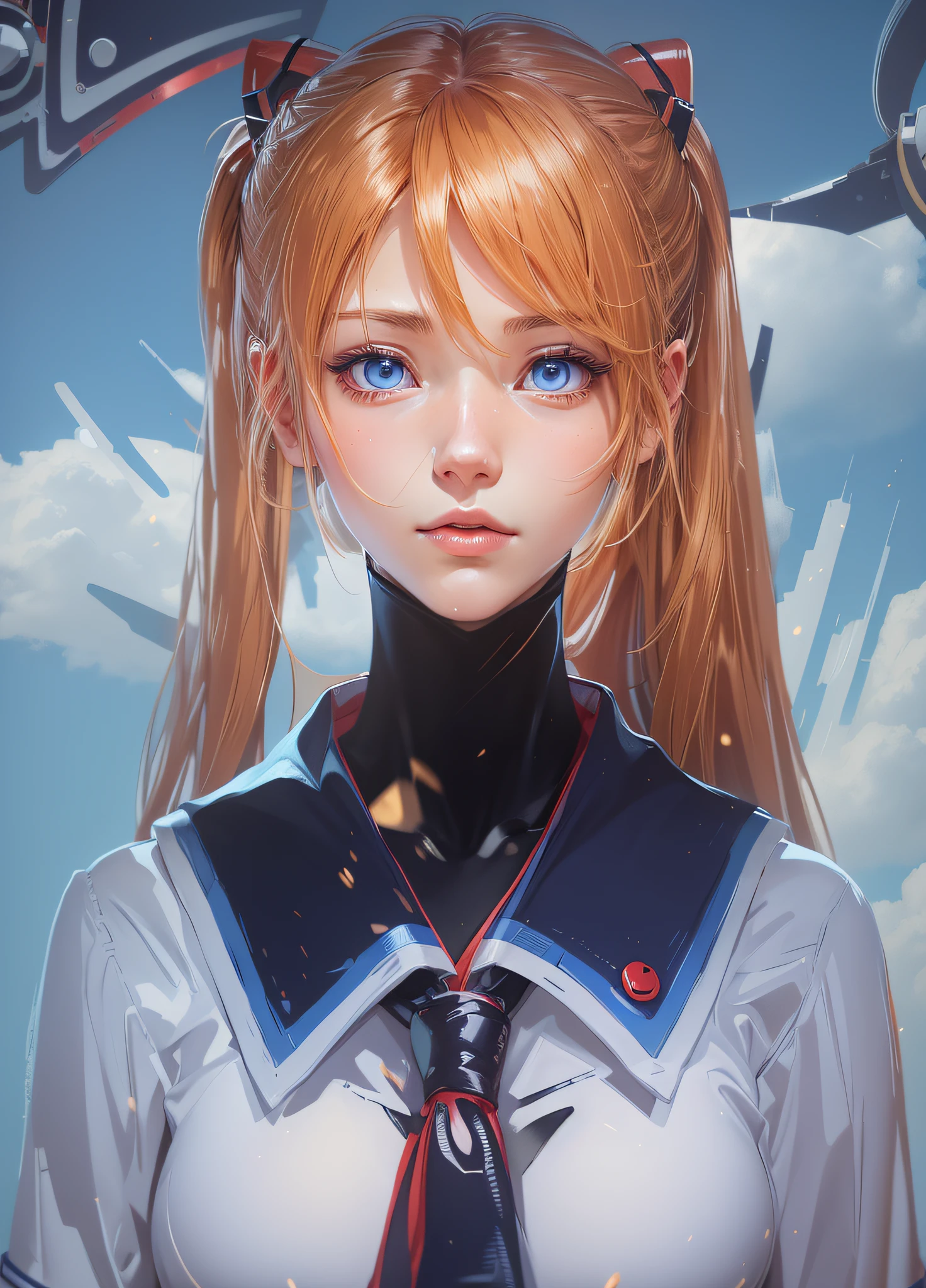 Live action, frontal, face-to-face, face up, ponytail and blue-eyed anime girl in sailor suit, blonde anime girl with long hair, beautiful anime schoolgirl, surreal high school girl, digital manga art made by anime painter studio, anime character, asuka, highest quality, high definition, hair is realistic, hair is clean one by one, Evangelion characters, Shikinami Asuka Langley, Soryu Asuka Langley, female --auto --s2