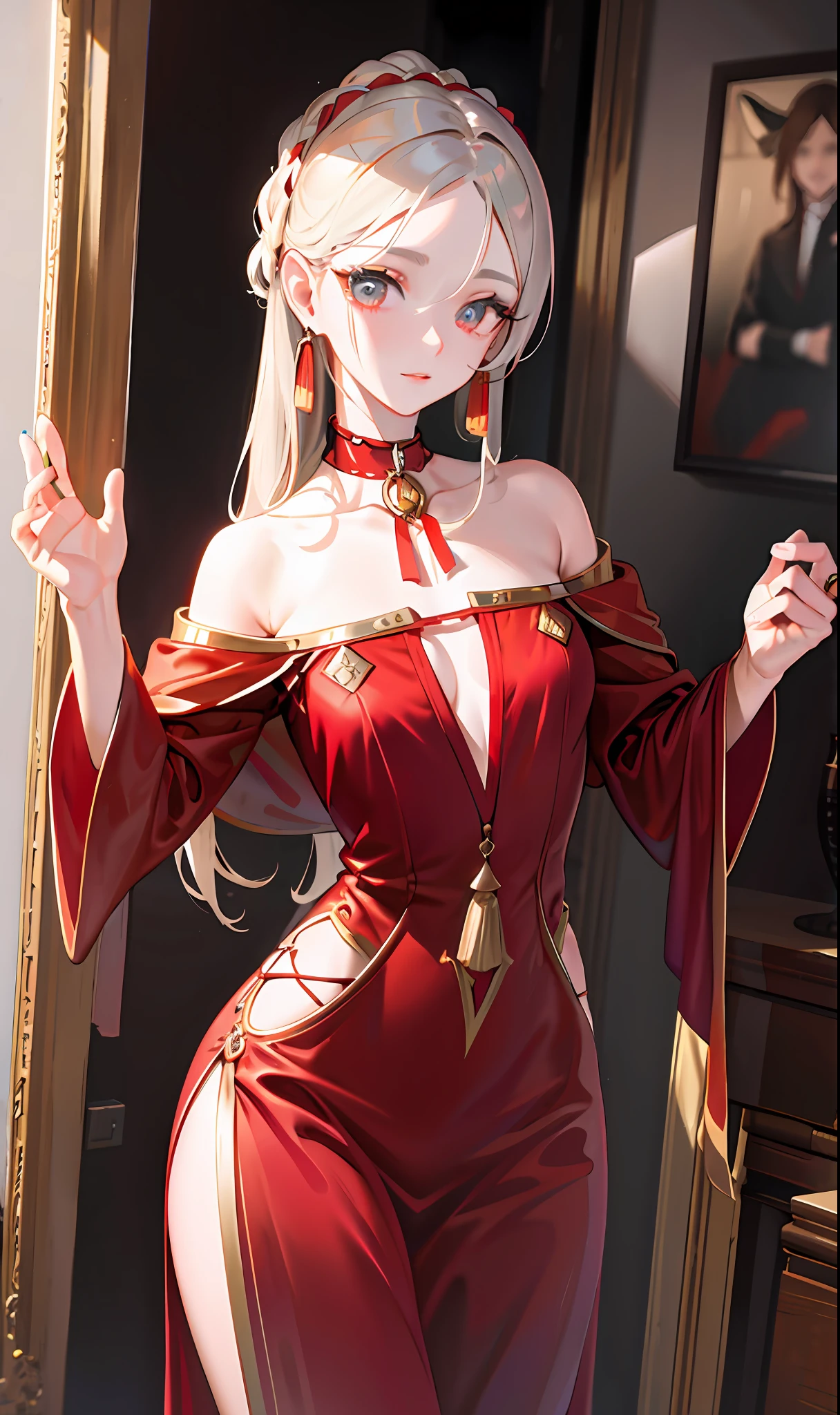 (Masterpiece, Side Light, Fine Beautiful Eyes: 1.2), (Masterpiece * Portrait), Portrait, (Bust), Realistic, Anatomically Correct, 3D Face, Sweet Skin, (Solo), (Close-up of Face), (Fire Opal General Scarlet Eyes), Hanging Corner of the Eye, ((High Detail Skin, Visible Pores)), (Perfect Figure), A Beautiful Girl, Small Breasts, (((Western Style Clothing)), (Neck Ring)