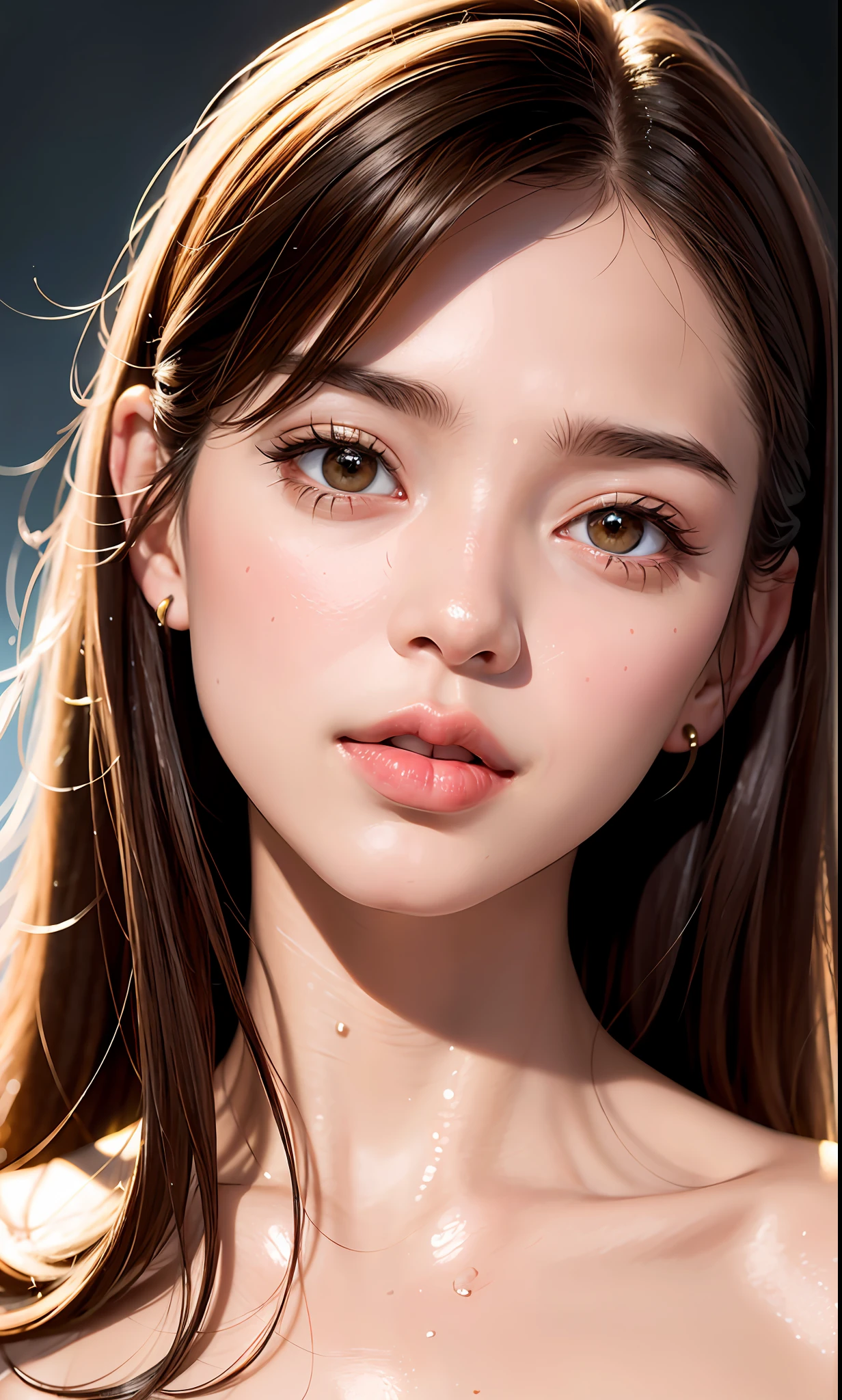 (8k, RAW, Photorealistic: 1.25), (Lip Gloss, Eyelashes, Glossy Face, Glossy Skin, Best Quality, Ultra High Resolution, Depth of Field, Chromatic Aberration, Caustics, Wide Lighting, Natural Shading, Kpop Idol) Gentle, goddess-like euphoria looking at the viewer, brown hair, clothes see-through, shiny lips, liquid splashing, bust up