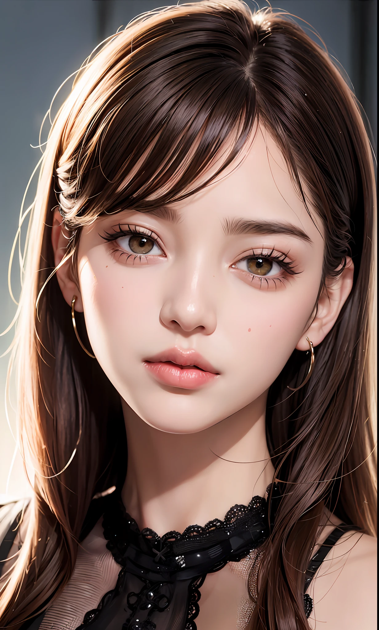 (8k, RAW, Photorealistic: 1.25), (Lip Gloss, Eyelashes, Glossy Face, Glossy Skin, Best Quality, Ultra High Resolution, Depth of Field, Chromatic Aberration, Caustics, Wide Lighting, Natural Shading, Kpop Idol) Gentle, goddess-like euphoria looking at the viewer, brown hair, clothes see-through, shiny lips, liquid splashing, bust up