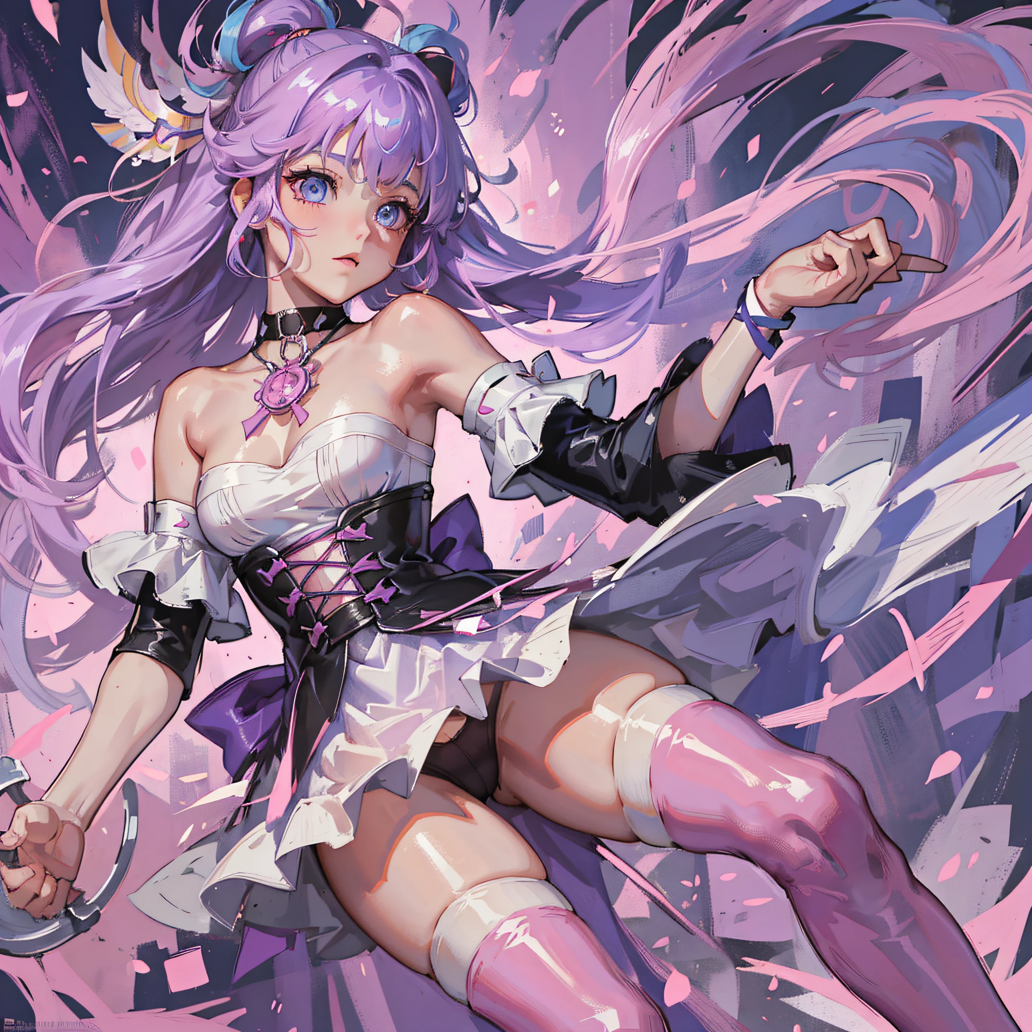 ((ultra-detailed CG Unity 8K Wallpaper,best quality, masterpiece)), an extremely delicate and beautiful, floating, high resolution, [(1girl),(multi-colored hair+blue hair:1.2+pink hair:1.2+purple hair+white hair:1.2),(delicate and beautiful eyes:1.1), black choker, pink ribbons, dynamic pose, delicate stockings, long shot]:0.8.