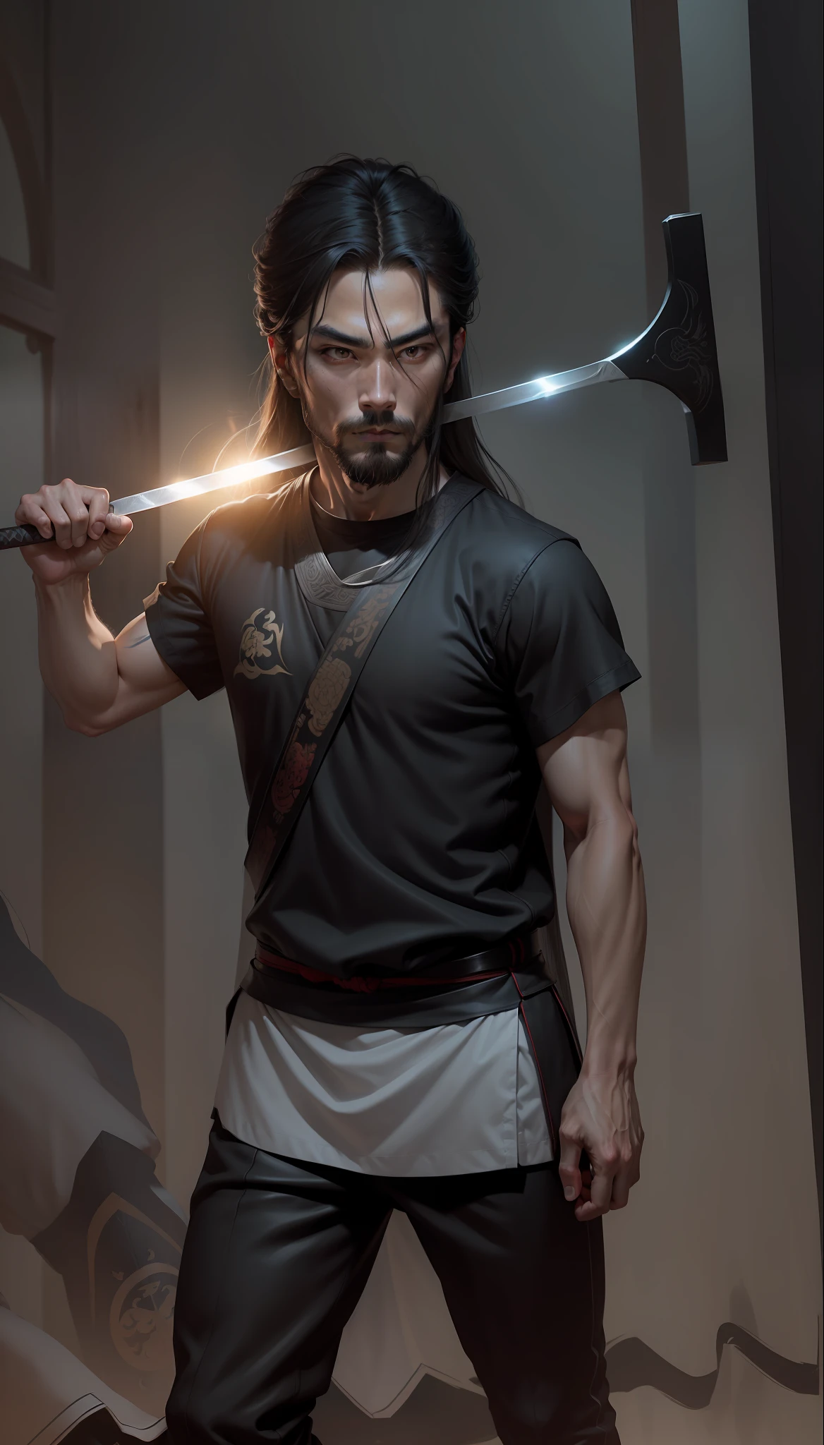 1080x1920, martial arts style, long-haired man, knife, swordsman, Chinese mythology, ink --auto --s2