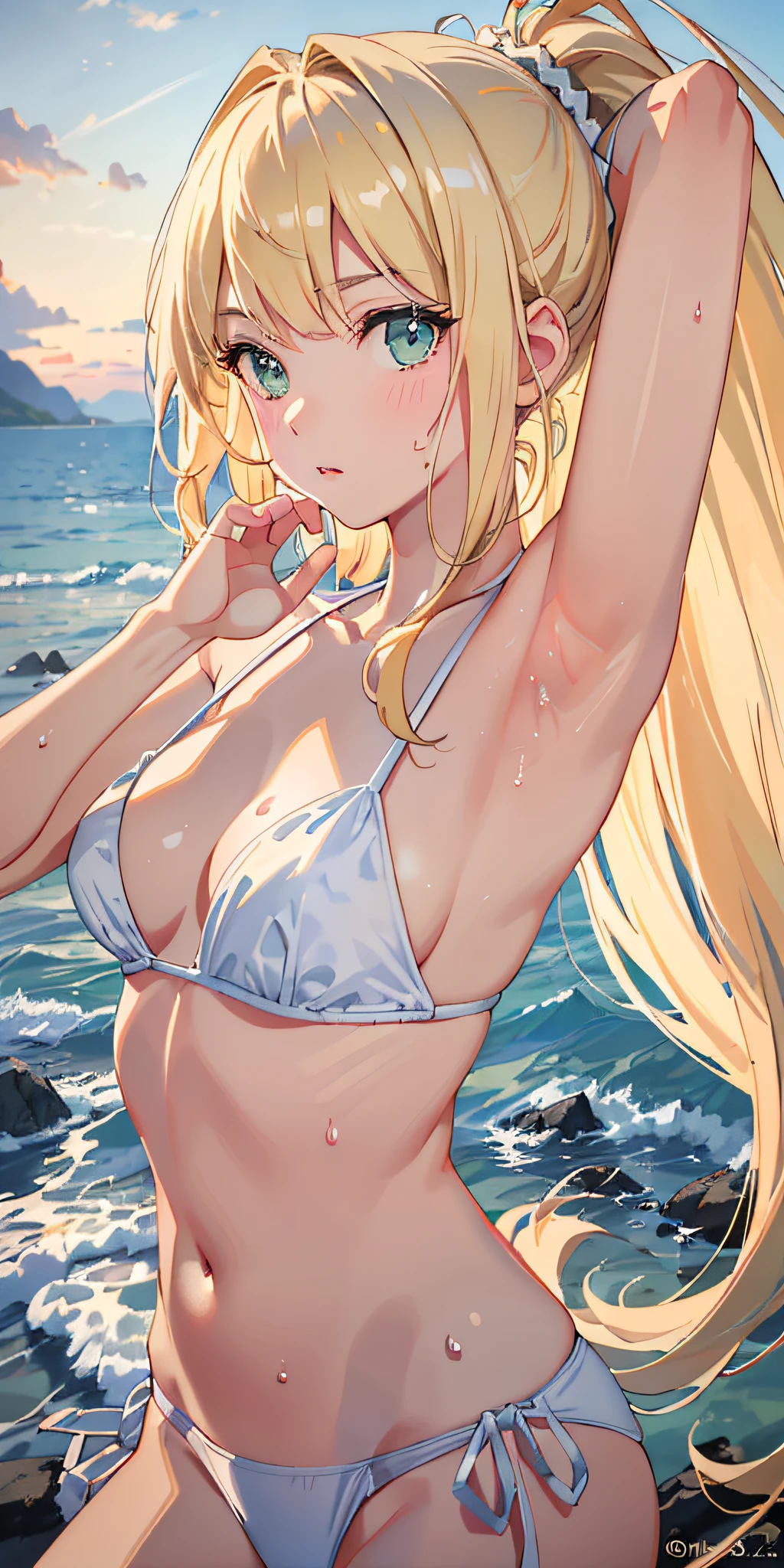 (((masterpiece: 1.5, best quality, high resolution: 1.3, super resolution, super detailed, ultra detailed:1.3, rich background:1.2))), ((face close up)), 1girl, solo, green eyes, blonde long hair tied with blue ribbon, blunt bangs, cute hairpin, transparent white t-shirt, white bikini inside t-shirt, white panties, ((raises one hand)), (armpit), (sweat), (outdoor), ((sea: 1.2)), ((beach)), scenery, (dusk), ((dynamic light: 1.4))