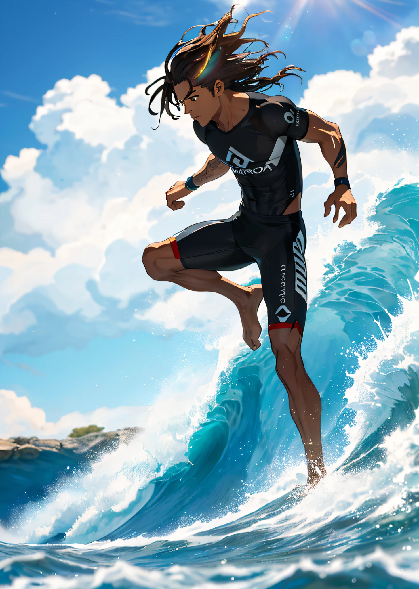 (beautiful and magnificent skyline, majestic sky), (extremely tense and dramatic pictures, moving visual effects), (high hanging Polaris, colorful natural light), (1youngboy), (darkskin) (on his surfboard) (surfboard) (no shirt, bermuda de surf com detalhes dourados), (sem camisa), (dynamic pose on top surfboard:1.3, surfind wave, dando uma rasgada jogando agua, splash), ( black eyes, cabelo negro com dreads cacheado,  sparkling boy), (gabriel medina), (surfing trick), (hunterxhunter), [:0.8], (large waves), (oncoming wind), (paraside island, palmtrees, blue sky) (floresta ao fundo da praia) (brown hair and background Coordination effect: 1.2), (praia ao fundo, com coqueiros), (luz do por do sol), (close shot, long shot mix and match)[::0.9]