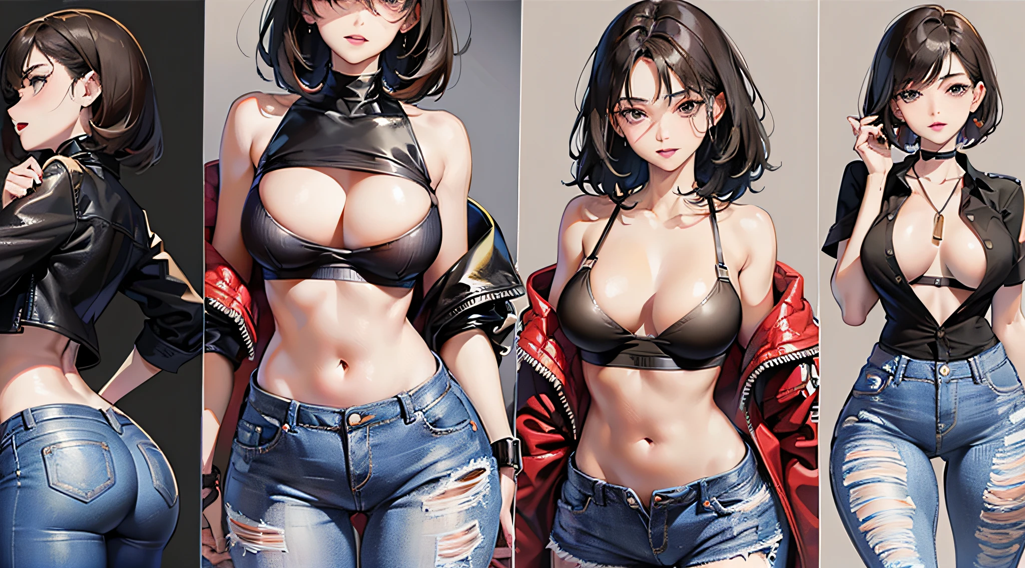 1 woman, solo, Woman in tight-fitting jeans high waist unbuttoned with red bra, ((high-waist jeans:1.1)), (red bra:1.1) , black hair, tight pants, stilettos, short hair, tight-fitting high-waisted jeans, tight jeans, tight tight high-waisted jeans unbuttoned, black panties, (red top: 1.1), black hair, (unbuttoned jeans:1.1),(open bra: 1.1), jeans intact