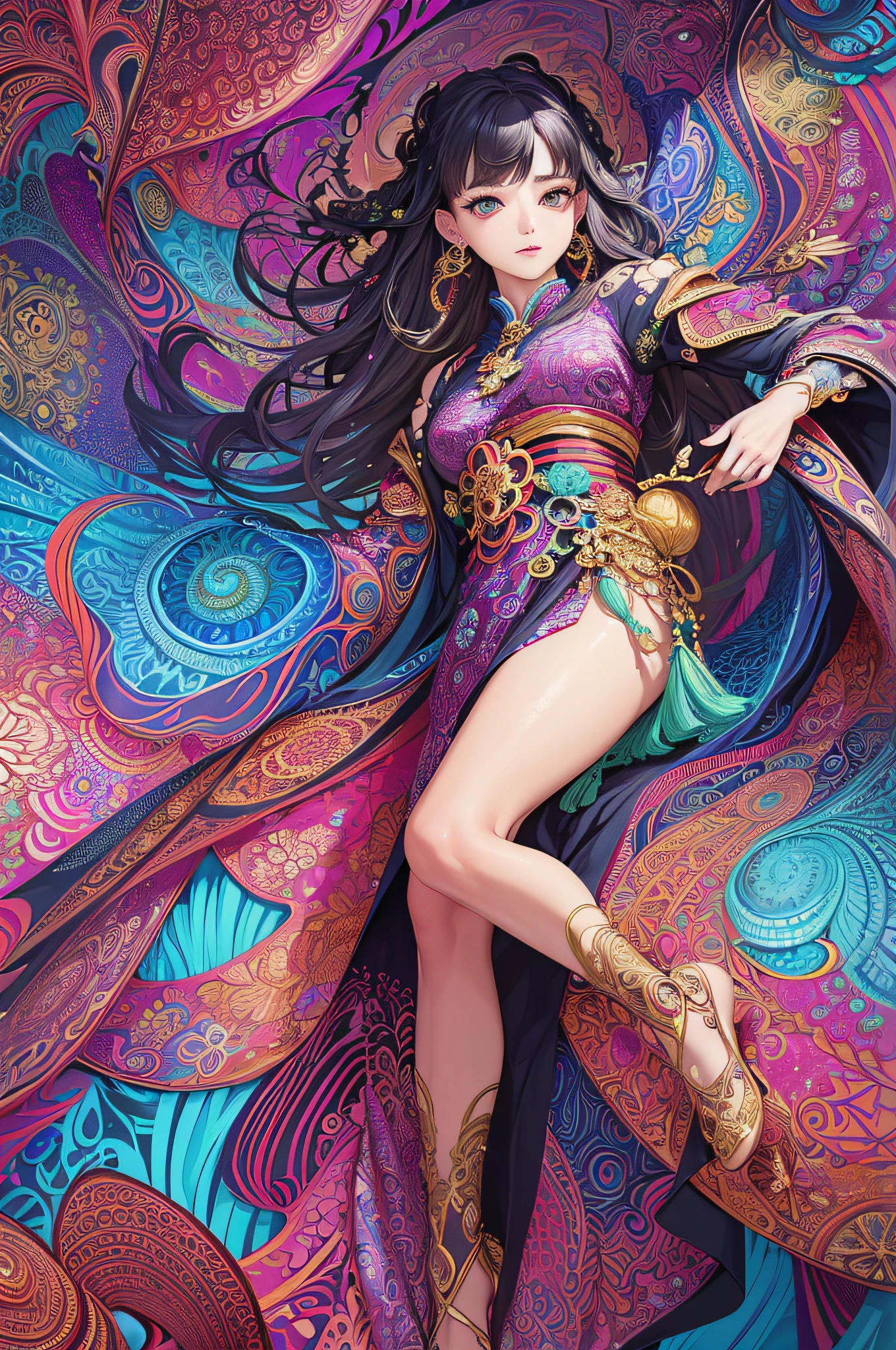 (masterpiece, top quality, best quality, official art, beautiful and aesthetic:1.2), (1girl:1.3), extremely detailed,(fractal art:1.1),(colorful:1.1),highest detailed,(zentangle:1.2), (dynamic pose), (abstract background:1.5), (japanese dress:1.2), (shiny skin), (many colors:1.4), ,(earrings:1.4),