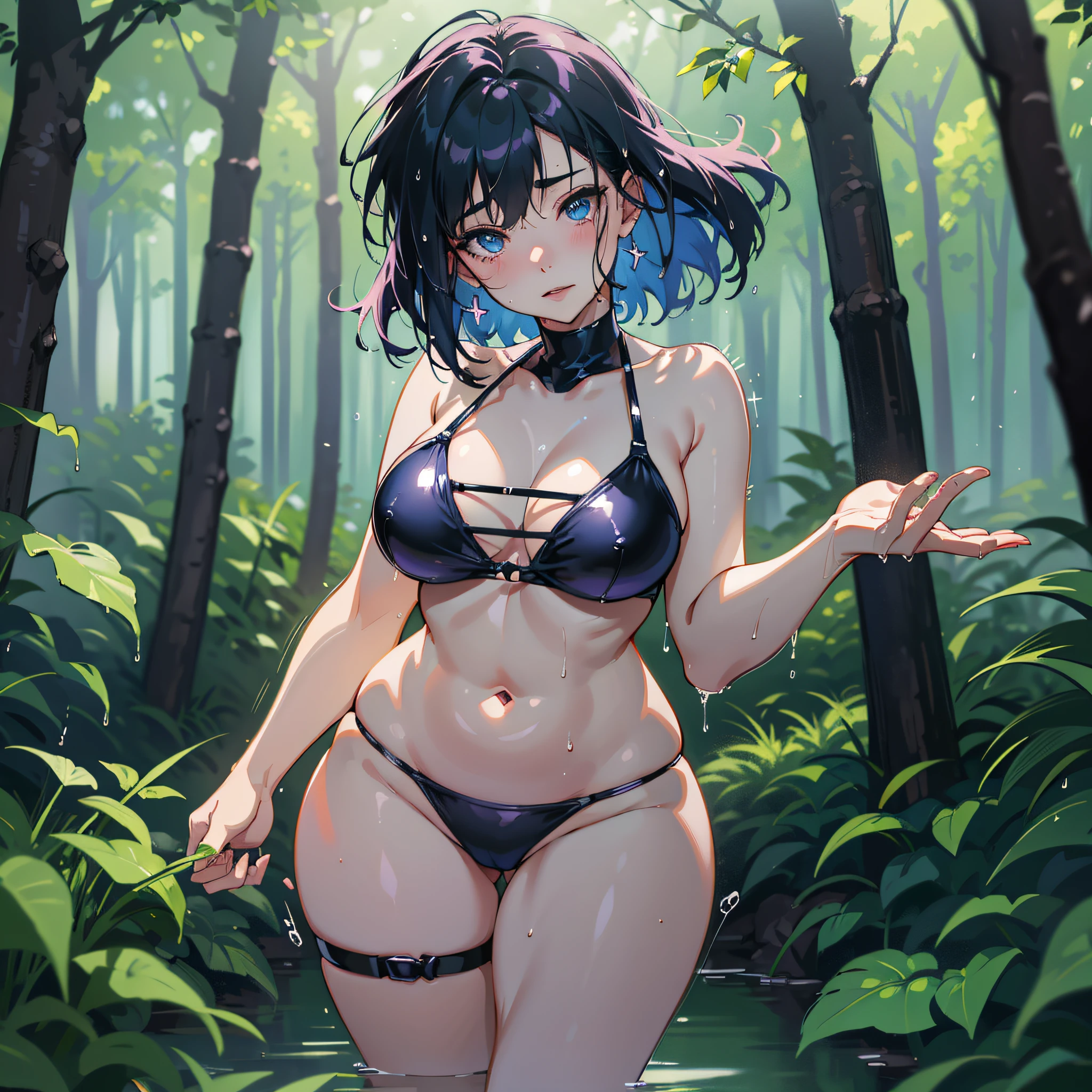 Anime female in bright forest mushroom witch in a 80s anime aesthetic, dark blue hue, attractive style, dynamic light and shadow, Blue bikini, clean nosed face, teasing lips, blurred background, blush, teasing face, glowing eyes, full body shot, Makoto Shinkai and Ghibli studio, soft lighting, high detail, incredible quality, trending at art station, masterpiece, 8K, (deus ex), artstation, pixiv, (((pixivision))), trending, detailed anatomy, high resolution, 4k, view, landscape, sky, sunset, golden hour, reflective, intimate, nice thighs, plump thighs, (((soft thighs))), shiny, (((wet))), sweat, ((fluid)), anime, perspective, depth, (((godrays))), Latexx. cleavagee.