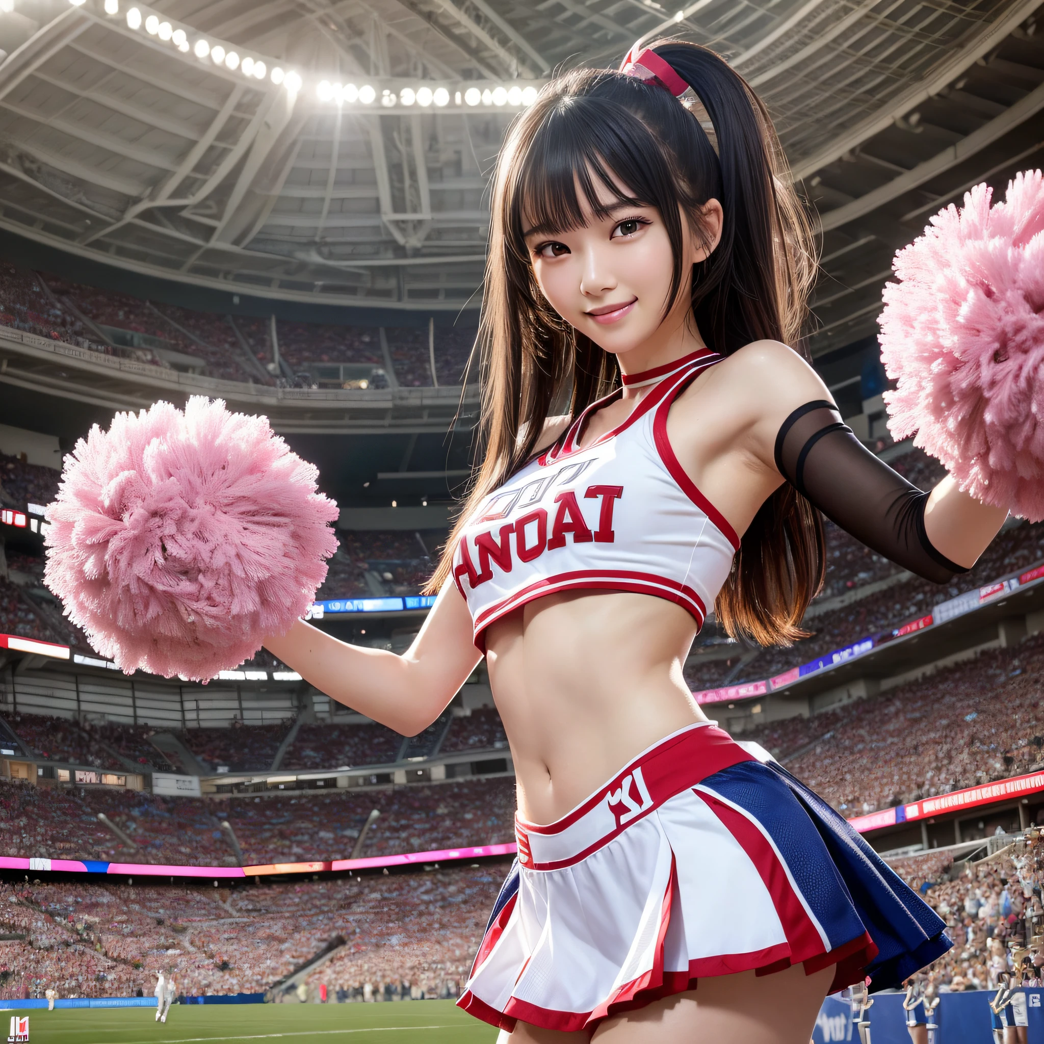 Ala-Fed Asian cheerleader waving arms with pom-poms in both hands in stadium, close-up, cosplay photo, anime cosplay, small breasts, RAW photo, best quality, high resolution, (masterpiece), (photorealism:1.4), professional photography, sharp focus, HDR, 8K resolution, intricate details, depth of field, highly detailed cg unity 8k wallpaper, Front Light, NSFW, Woman, Girl, Beautiful Supermodel, Smiling, Slender, (Sweating all over: 1.3),