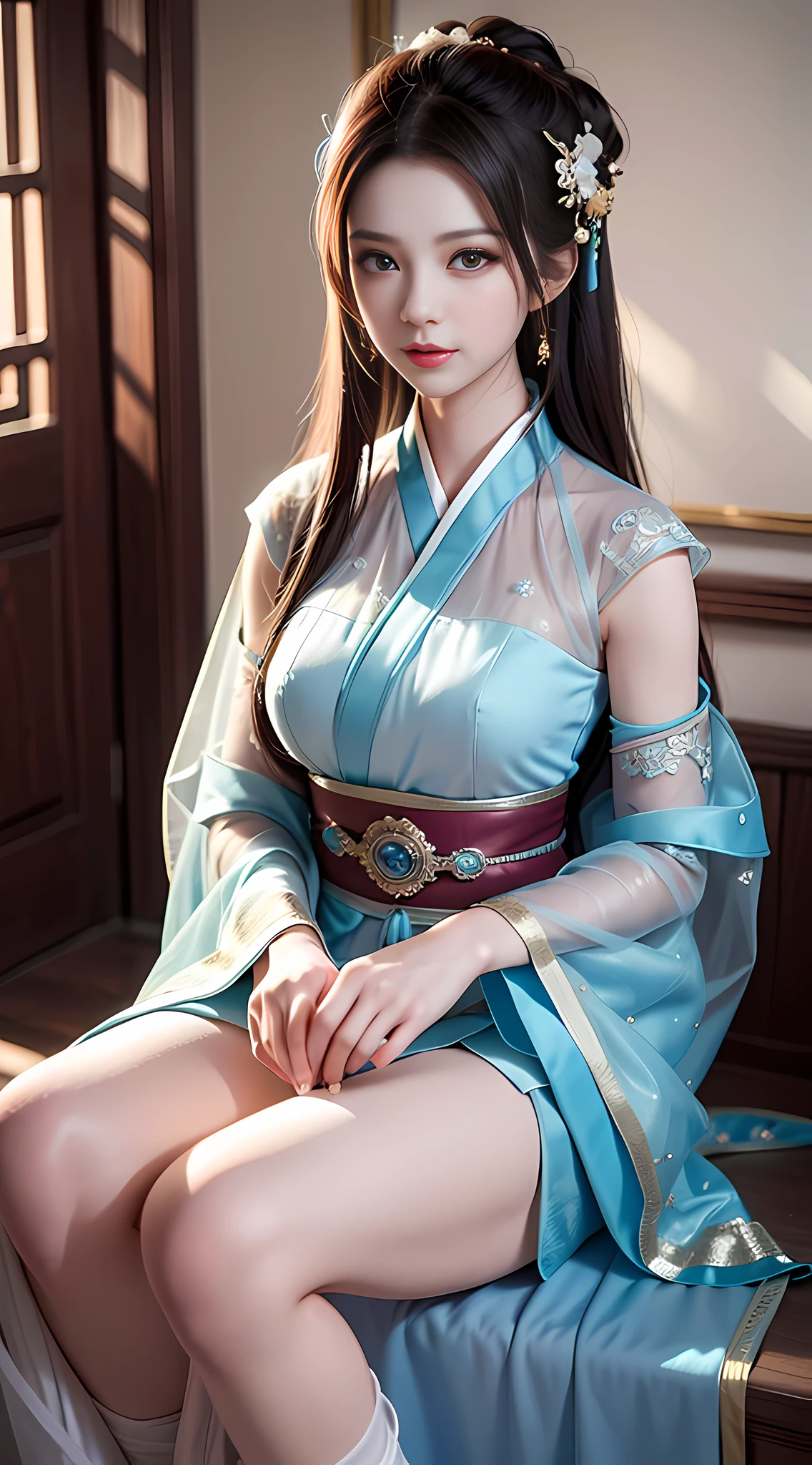An antique style, sheer texture Hanfu, woman, light veil, gorgeous sitting posture with sward, half chest arms, photo of Jason Chen, tumblr, shin hanga, beautiful girl, model, beautiful body and face, attractive body, beautiful woman, sexy girl, gorgeous young woman, perfect body, sexy body, sexy body and face, beautiful body, beautiful model girl, ray tracing, bright colors, realistic style
