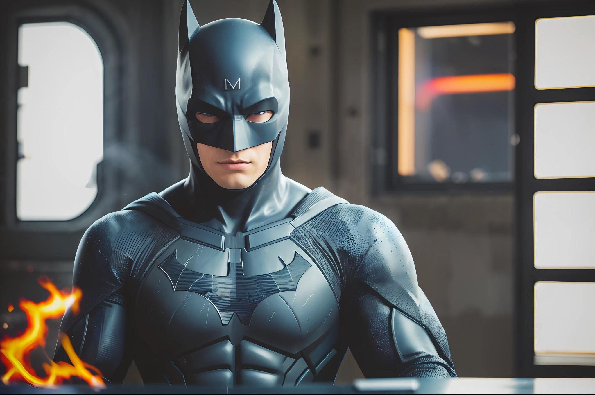 Half Left Screen Granite Blue, Half Right Screen Granite Red, A very realistic 2023 photograph of Batman in his black batsuit inside the batcave, The batmobil is in the middle of the place, he looks at the camera through a window in the batcave. Smoke of multiple colors exploding out of his head, Dragan Style, Very Detailed, Intricate, high quality, High Resolution, muted colors, Camera Leica M11, Lens Leica APO-Summicron-M 35 mm f/2 ASPH  limbs --auto --s2