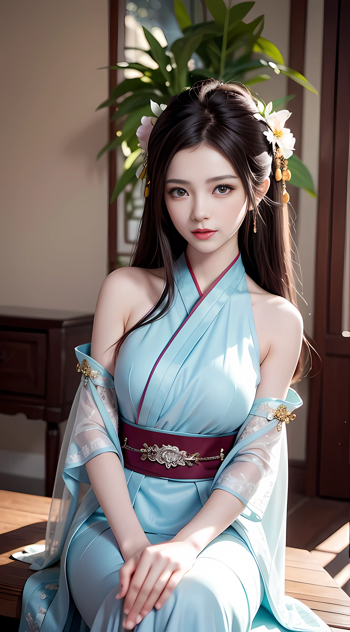 An antique style, sheer texture Hanfu, woman, light veil, gorgeous sitting posture with sward, half chest arms, photo of Jason Chen, tumblr, shin hanga, beautiful girl, model, beautiful body and face, attractive body, beautiful woman, sexy girl, gorgeous young woman, perfect body, sexy body, sexy body and face, beautiful body, beautiful model girl, ray tracing, bright colors, realistic style