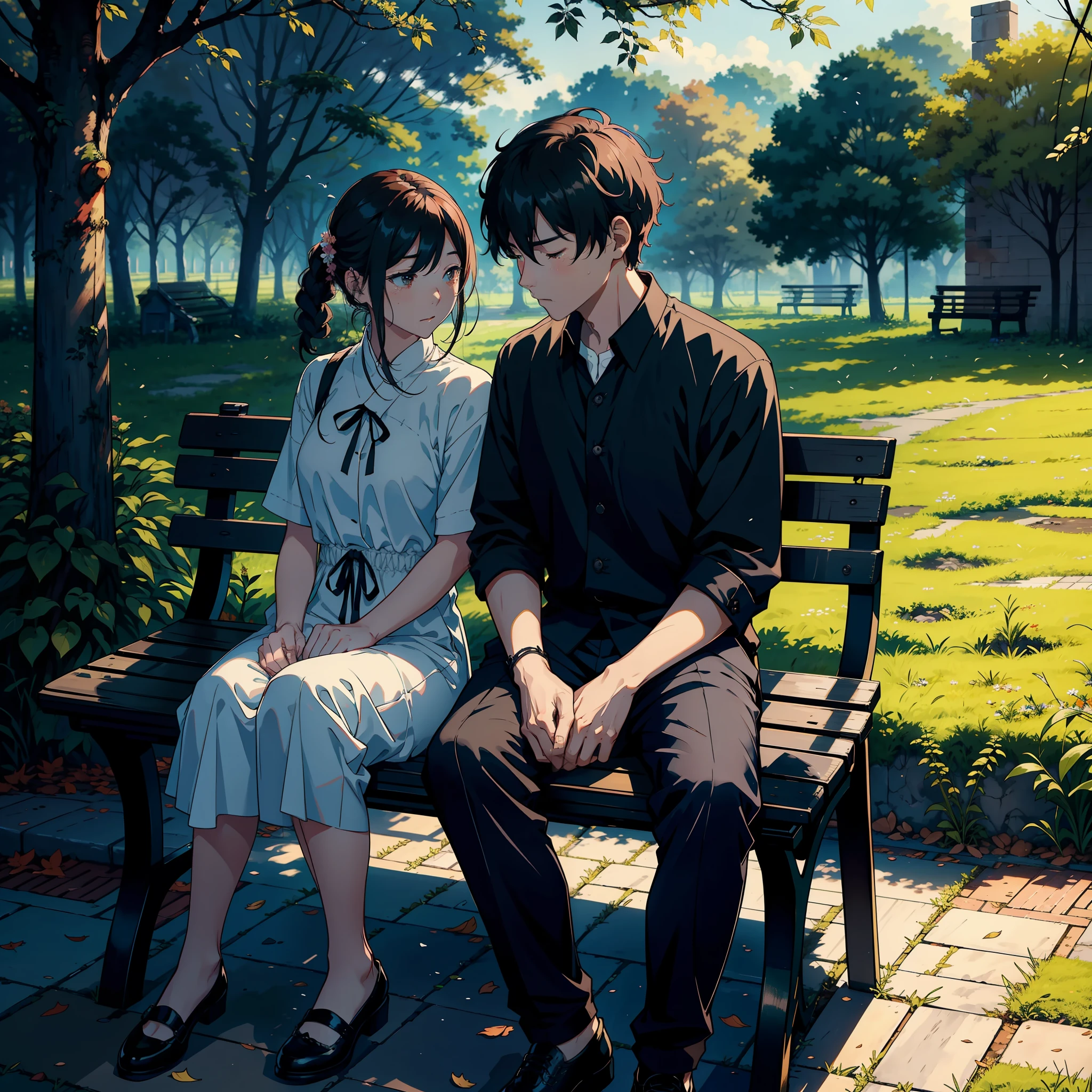 masterpiece, official art, 8k, highly-detailed, best quality, a couple sitting on a bench in a park, their body language tense and distant, 一个20岁的女孩，难过的表情，黑色长发, 蓝光眼,, 粉色连衣裙， holding a tissue while wiping away tears, the man looking down at the ground, a pained expression on his face, a distance growing between them, a flock of birds flying overhead, the sound of their chirping filling the air, a bouquet of flowers lying forgotten on the bench, a symbol of their failed relationship, the leaves on the trees turning from green to yellow, a sign that time is passing, a couple walking hand in hand in the background, a reminder of what they once had and what they have lost