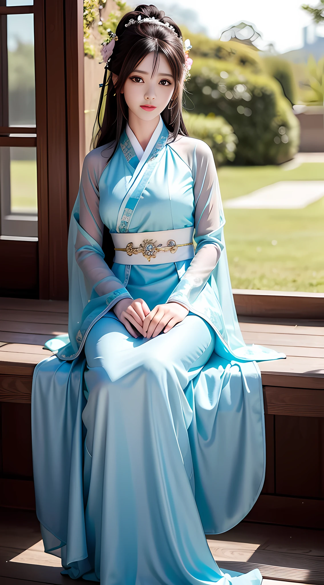 An antique style, sheer texture Hanfu, woman, light veil, gorgeous sitting posture with sward, half chest arms, photo of Jason Chen, tumblr, shin hanga, beautiful girl, model, beautiful body and face, attractive body, beautiful woman, sexy girl, gorgeous young woman, perfect body, sexy body, sexy body and face, beautiful body, beautiful model girl, ray tracing, bright colors, realistic style