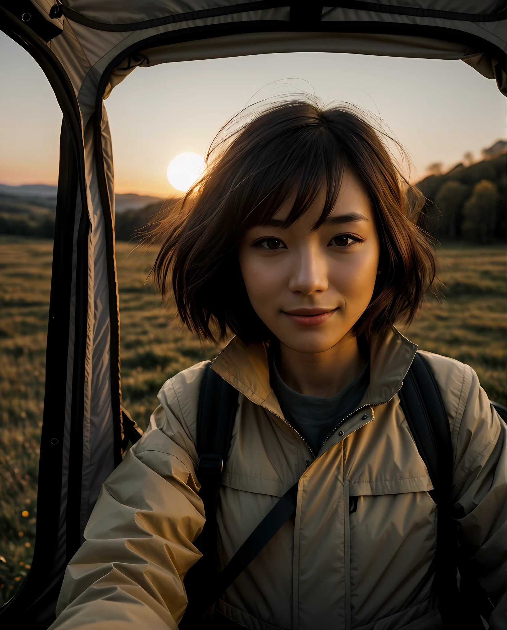 ((Top Quality, 8k, Masterpiece: 1.3)), Taiwanese Woman (1, 19 years old, smile, very detailed face and skin and hair texture, detailed eyes, double eyelids, white skin, beautiful delicate nose, light hair color, slightly longer bob cut hair, parka wearing, chinos wearing, mountain boots worn), overhead camera, sharp focus: 1.2, while emphasizing the subject's hair, eyes, mouth, action The composition is pleasing to the eye and thought-provoking. ⠀
ground, outdoor, (night), mountain, nature, (stars, moon) cheerful, wind, happy, backpack, tent, bonfire, forest, river, smoke, shadow, contrast, clear sky, style, (warm shades, warm tones), pleasant to the eye, while exuding melancholy emotions, characterized by a contrasting mix of calm tones and light and shadow, with dynamic angles, It is a thought-provoking composition.