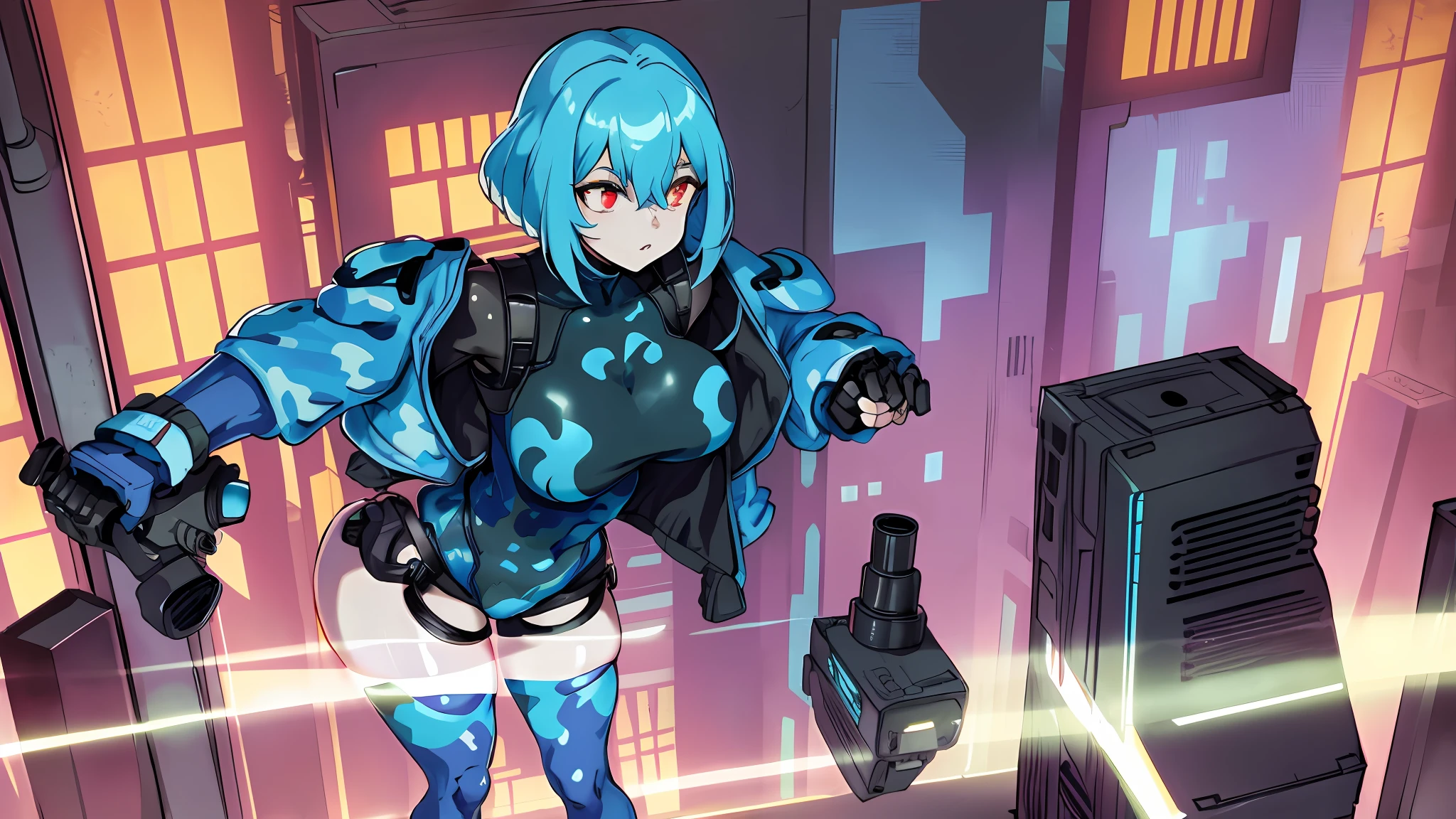 1girl, wide hips, standing, bulletproof vest, cyberpunk, dystopia, ghost in the shell, blue camo, blue body armor, full body shot, whole body, solo, cleavage, cleavage cutout, bike shorts, exposed legs, bare legs, exposed thighs, bare thighs, exposed knees, exposed calves, nsfw, nude, naked, sexy, tight clothes, skintight, exposed shoulders, exposed stomach, exposed hips, city skyscraper, street, tower, apartment, glowing eyes