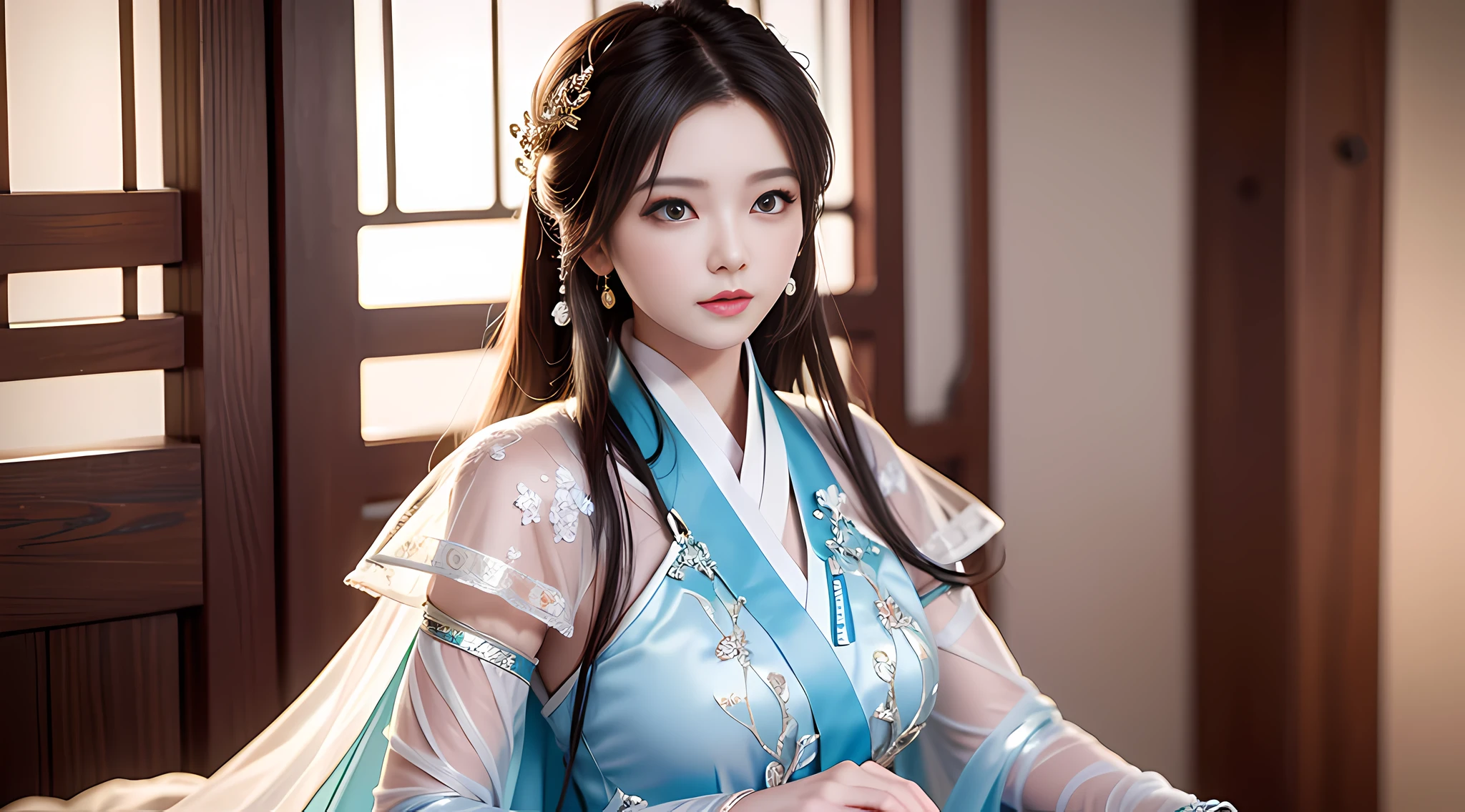 An antique style, sheer texture Hanfu, woman, light veil, gorgeous sitting posture with sward, half chest arms, photo of Jason Chen, tumblr, shin hanga, beautiful girl, model, beautiful body and face, attractive body, beautiful woman, sexy girl, gorgeous young woman, perfect body, sexy body, sexy body and face, beautiful body, beautiful model girl, ray tracing, bright colors, realistic style