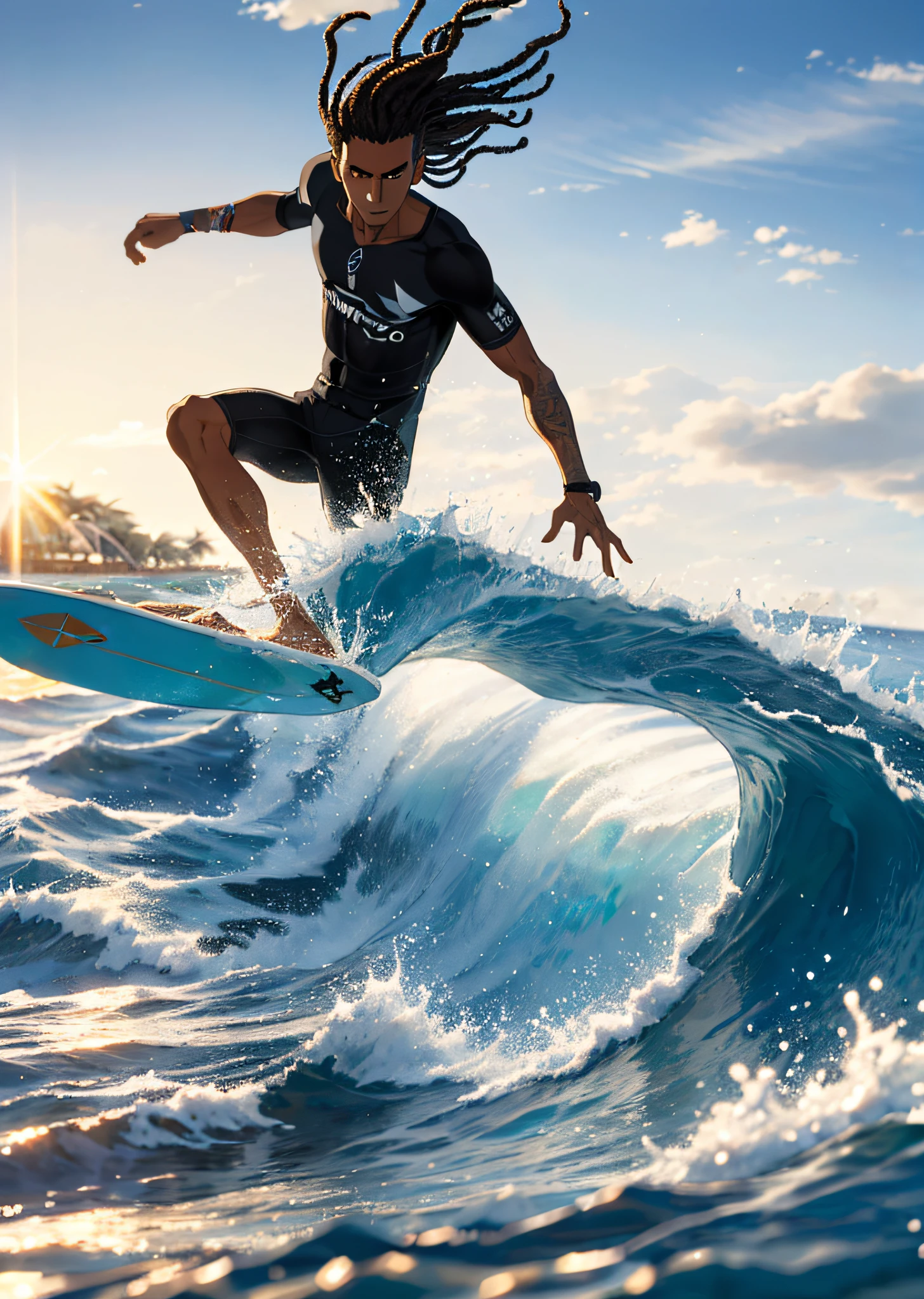 (beautiful and magnificent skyline, majestic sky), (extremely tense and dramatic pictures, moving visual effects), (high hanging Polaris, colorful natural light), (1youngboy), (darkskin) (on his surfboard) (surfboard) (no shirt, bermuda de surf com detalhes dourados), (sem camisa), (dynamic pose on top surfboard:1.3, surfind wave, dando uma rasgada jogando agua, splash), ( black eyes, cabelo negro com dreads cacheado,  sparkling boy), (gabriel medina), (surfing trick), (hunterxhunter), [:0.8], (large waves), (oncoming wind), (paraside island, palmtrees, blue sky) (floresta ao fundo da praia) (brown hair and background Coordination effect: 1.2), (praia ao fundo, com coqueiros), (luz do por do sol), (close shot, long shot mix and match)[::0.9]