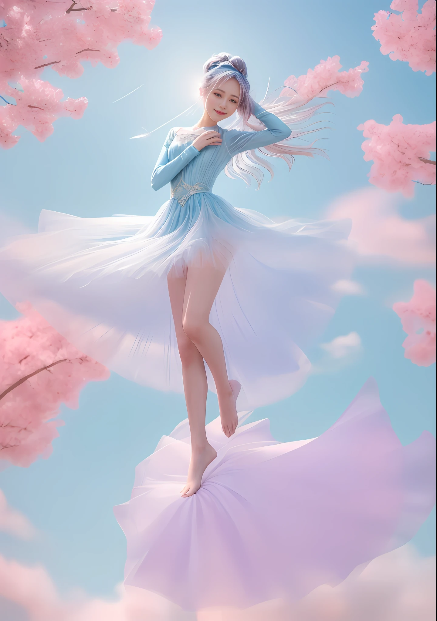 1 girl, single, (feet in the sky: 1.3), blue sky, mirror, (light pink and light sky blue style: 0.2), ethereal leaves, playful arrangements, fantasy, high contrast, (8K wallpaper: 1.3), realistic, octane rendering, surreal, (skin dents: 1.5), (realistic face: 1.2), (hands and feet blurred), sharp focus, masterpiece, (best quality), (mirror illumination: 1.5), light on the face, sharp face, long hair, light makeup, smile: 1.2, cute, (after fingering: 1.1), (long tulle: 1.6), wind, bun, (leg covering: 1.3),