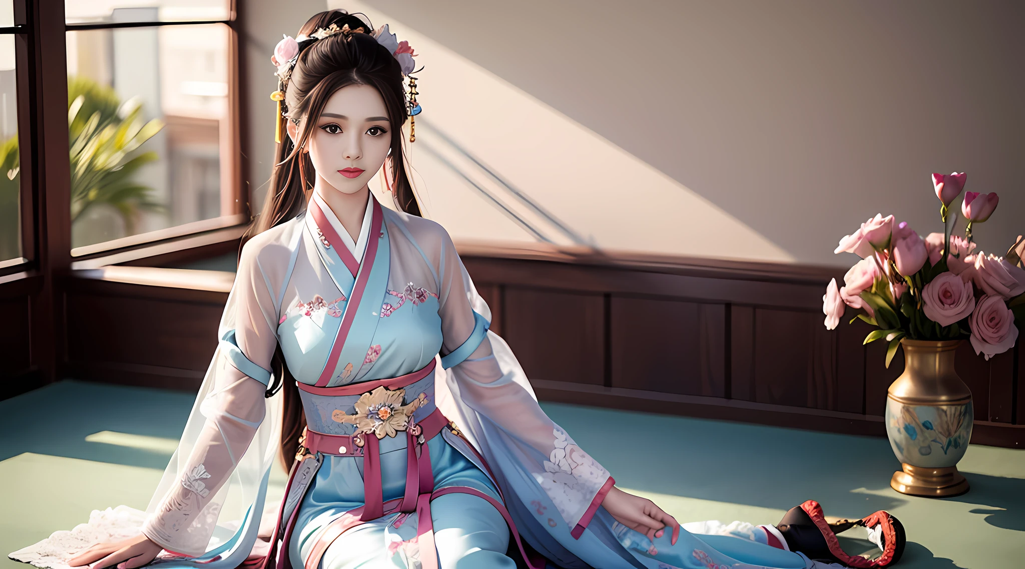 An antique style, sheer texture Hanfu, woman, light veil, gorgeous sitting posture with sward, half chest arms, photo of Jason Chen, tumblr, shin hanga, beautiful girl, model, beautiful body and face, attractive body, beautiful woman, sexy girl, gorgeous young woman, perfect body, sexy body, sexy body and face, beautiful body, beautiful model girl, ray tracing, bright colors, realistic style