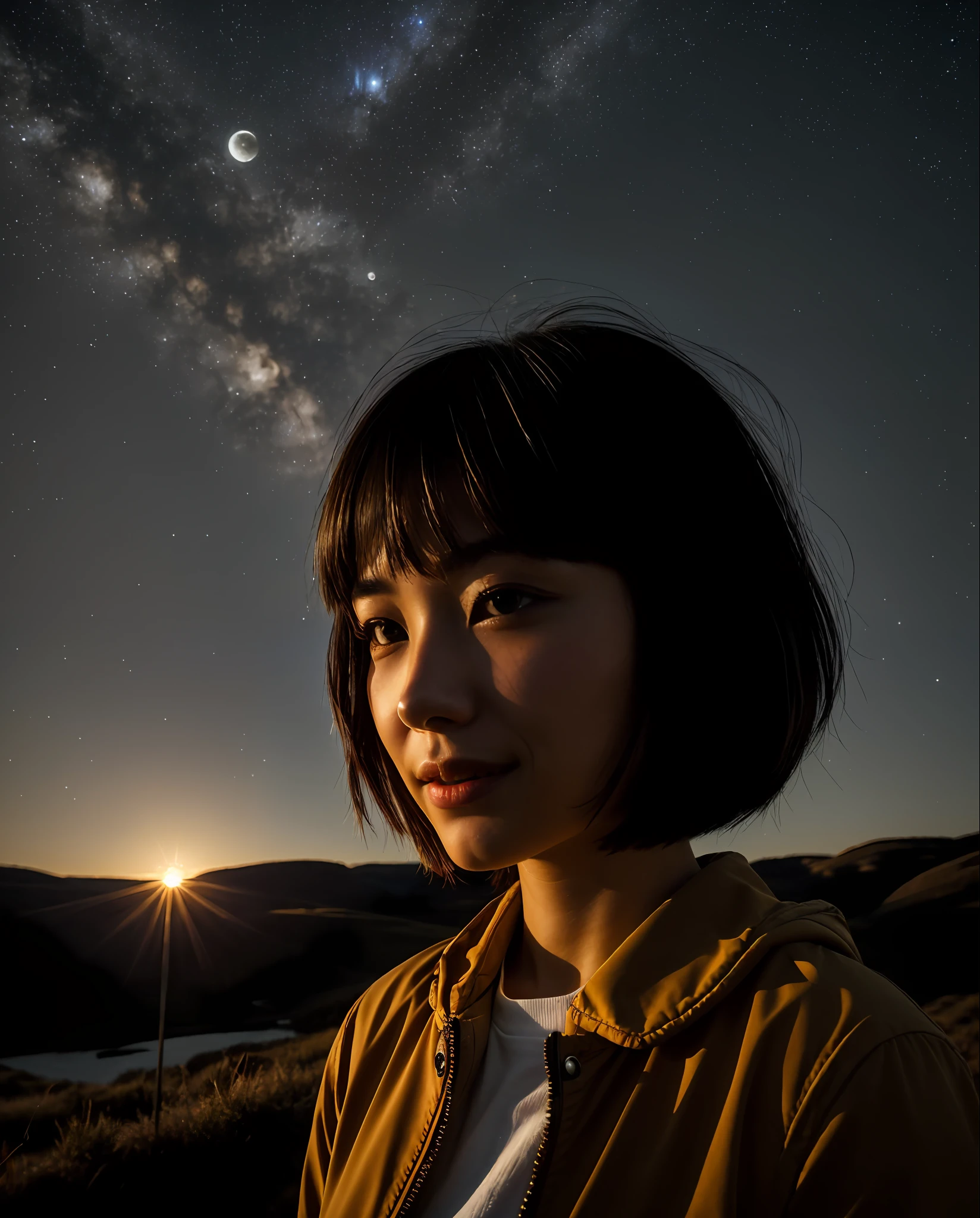 ((Top Quality, 8k, Masterpiece: 1.3)), Taiwanese Woman (1, 19 years old, smile, very detailed face and skin and hair texture, detailed eyes, double eyelids, white skin, beautiful delicate nose, light hair color, slightly longer bob cut hair, parka wearing, chinos wearing, mountain boots worn), overhead camera, sharp focus: 1.2, while emphasizing the subject's hair, eyes, mouth, action The composition is pleasing to the eye and thought-provoking. ⠀
ground, outdoor, (night), mountain, nature, (stars, moon) cheerful, wind, happy, backpack, tent, bonfire, forest, river, smoke, shadow, contrast, clear sky, style, (warm shades, warm tones), pleasant to the eye, while exuding melancholy emotions, characterized by a contrasting mix of calm tones and light and shadow, with dynamic angles, It is a thought-provoking composition.
