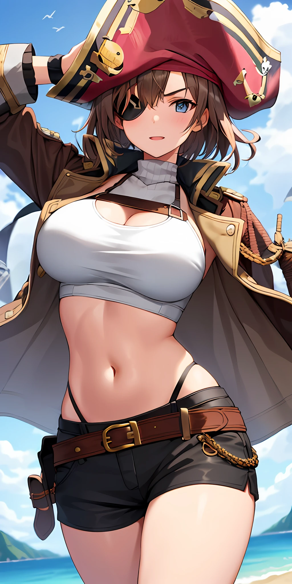 1girl, solo, brown hair, large breasts, (open jacket, crop top, pirate hat, eye patch), shorts, island background