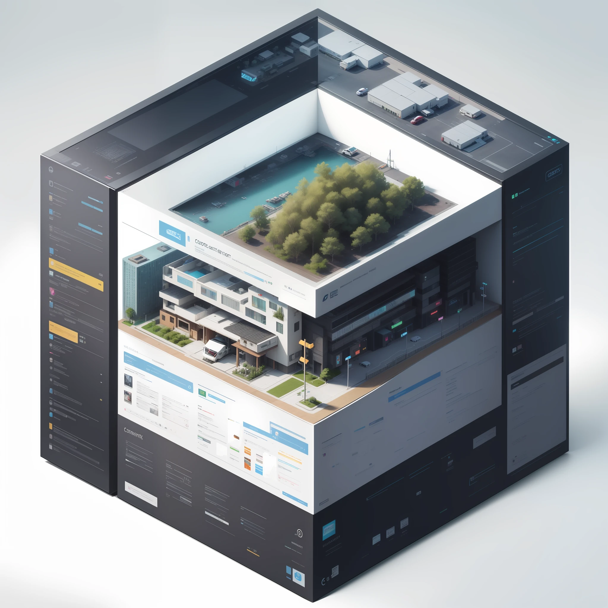 Digital ecosystem, digital service platform, data center, IoT device, cloud computing, artificial intelligence, smart city, chart data, electronic device, e-commerce website, financial institution, smart city, blind box toy style, high detail, ray tracing, stereogram, three sided view, Op art, 8k, high details, high quality, 8k, masterpiece, ccurate, best quality --auto --s2