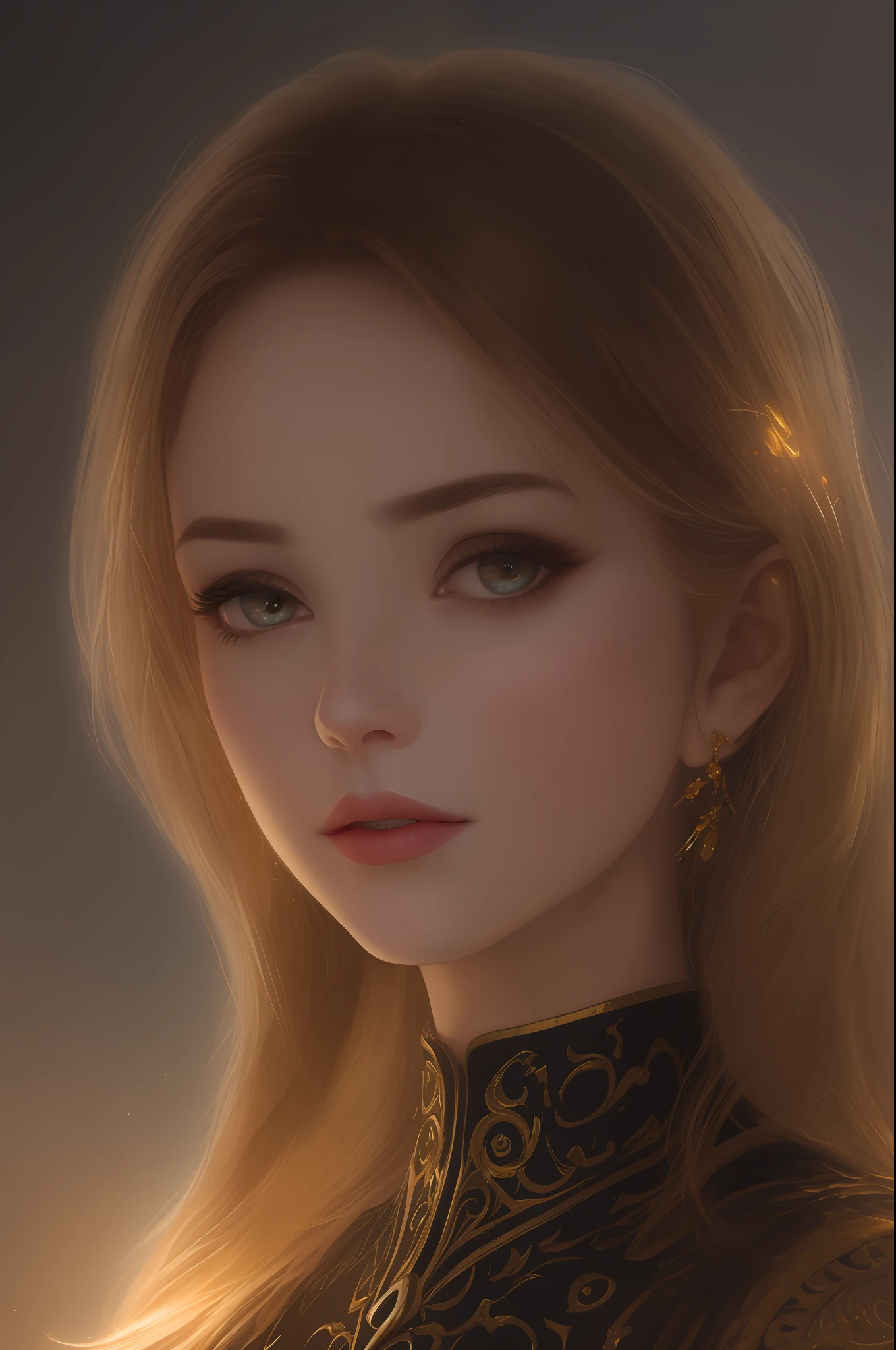 (8k, RAW photo, best quality, masterpiece:1.2), modelshoot style, (dark shot:1.5), Stunningly attractive woman with blonde soft hair, (victorian style:1.2), victorian dress high detailed and intricate, long curly hair, dramatic pose, (soft warm skin with wax effect:1.3), pastel, (glossy lips and the tip of the nose with bright small glare:1.4), (bright highlights:1.6), detailed eyes, (soft volumetric light:1.5), (subsurface scattering:1.5), wax, (night light:1.6), global illumination, Soft Shadows, (dark background with cool lighting:1.0), bokeh, Charlie Bowater, stanley artgerm lau, a detailed painting, fantasy art, artstation, trending on Artstation, art like midjourney and Rutkowski, hyperdetailed, insane details, intricate details, (oil painting:1.5), (digital art:1.5), glare on the corneas of the eyes, round pupils, refraction, screen space reflections, screen space ambient occlusion, (hdr:1.4), full body shot, (gold jewelry with amber gems:1.1)