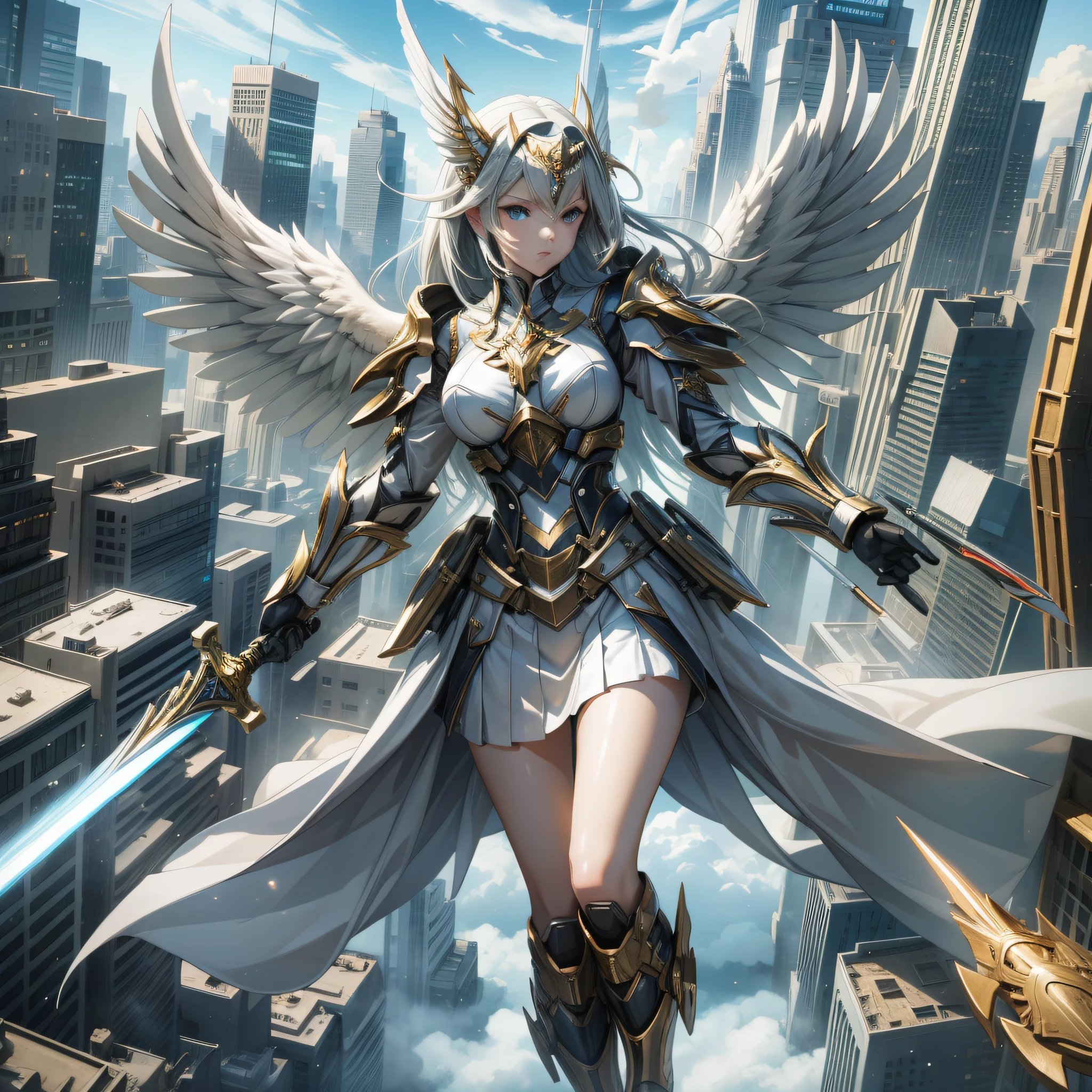 Female six-winged angel, miniskirt, flying in the sky, full body photo, holding a long sword in her hand, sunlight shining from behind, facing the camera, sci-fi background, city, exquisite facial features, 8k