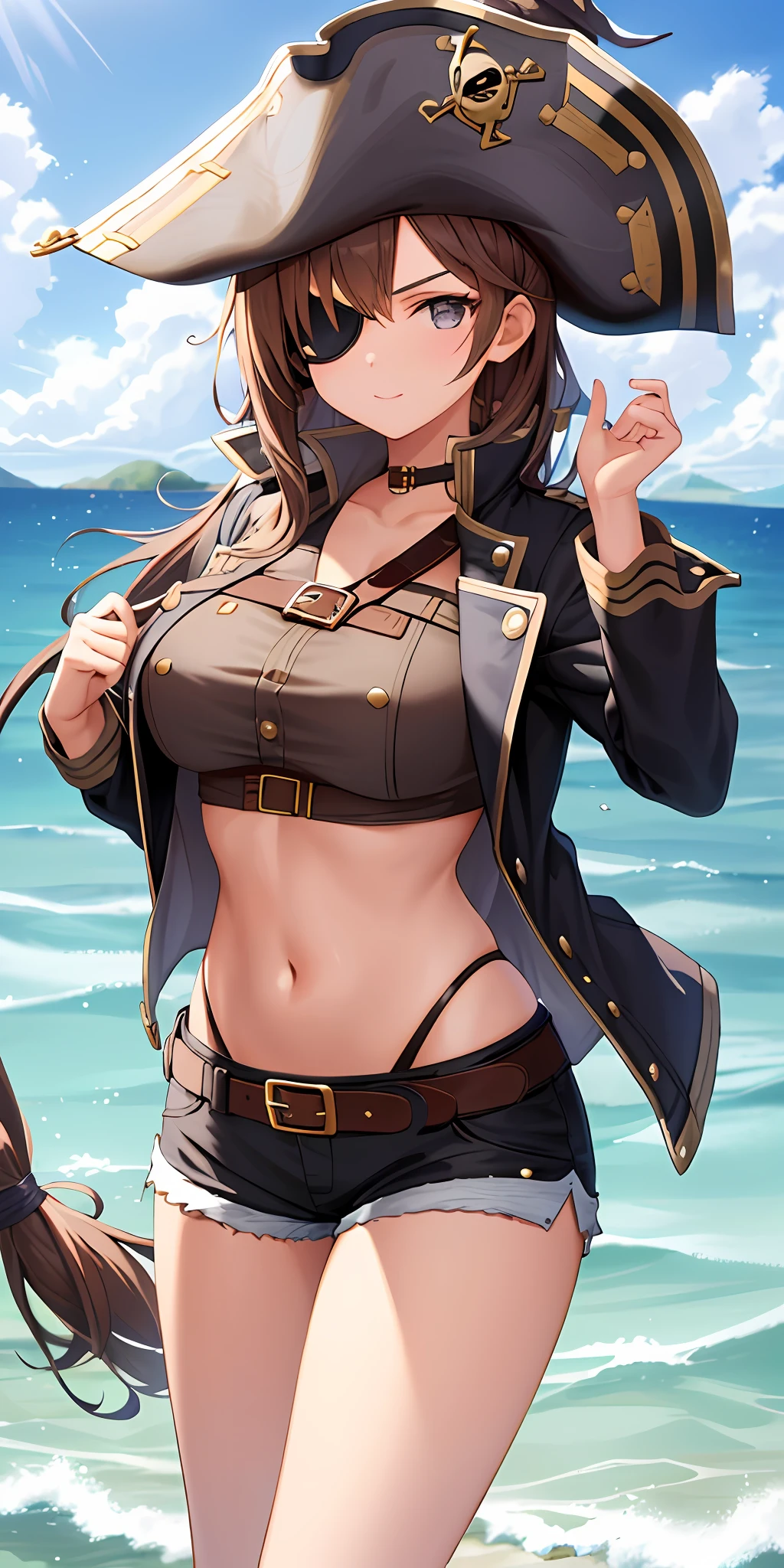 1girl, solo, brown hair, large breasts, pirate hat, (open jacket, crop top, eye patch), shorts, island background