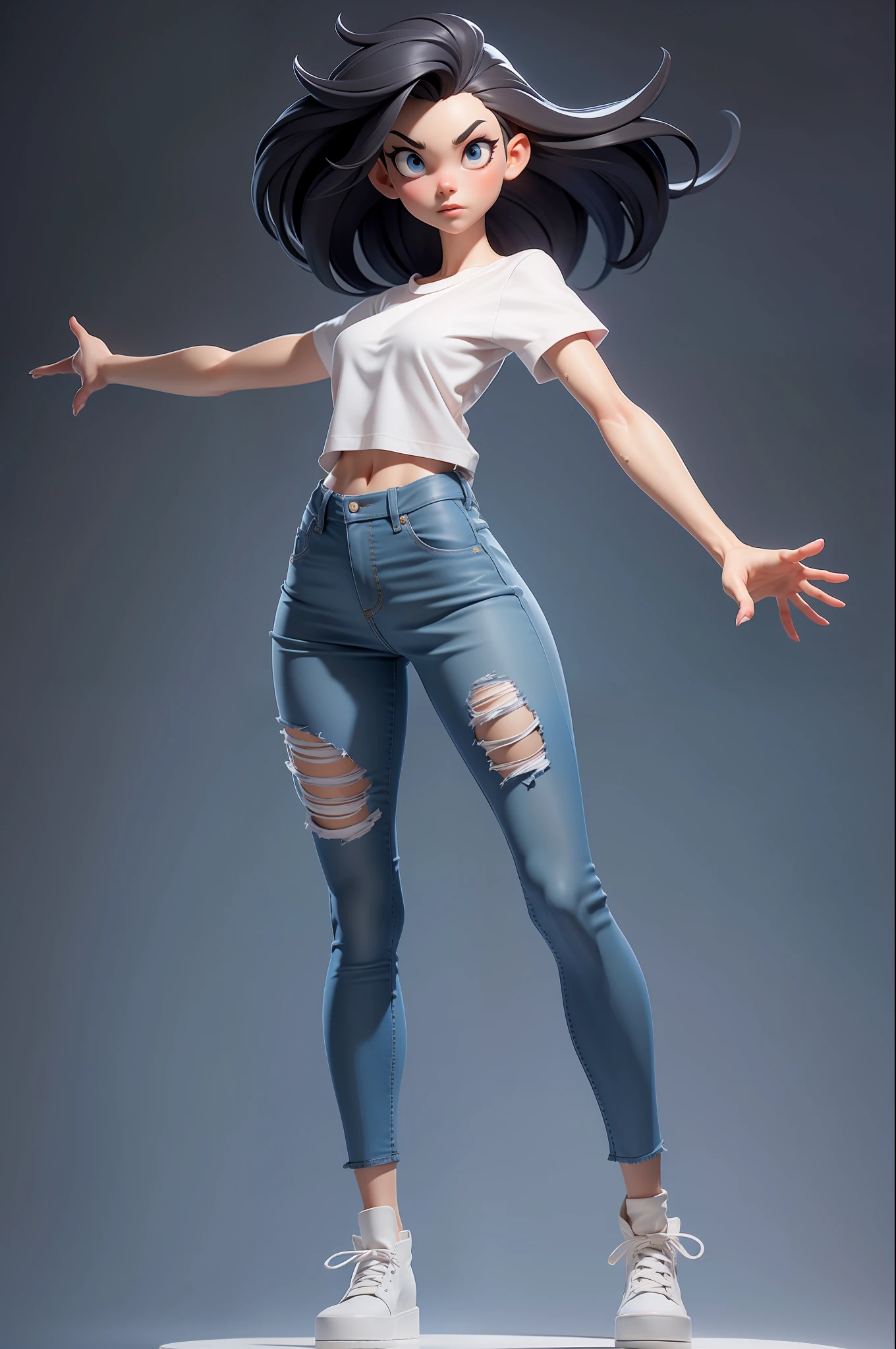 A girl standing, full body, masterpiece, best quality, 3d rendering work, 3DMM style, 3D, Solo, Igirl, small breasts, torn white t-shirt, short shor jeans, white skin, long black hair, big eyes, with open arms slightly flexed at shoulder height, fully front, full body, modelsheet character, blueprint character, sexy outfit, sexy body,  Simple background, crucifix-style open arms, legs slightly apart, hands flat with fingers outstretched.