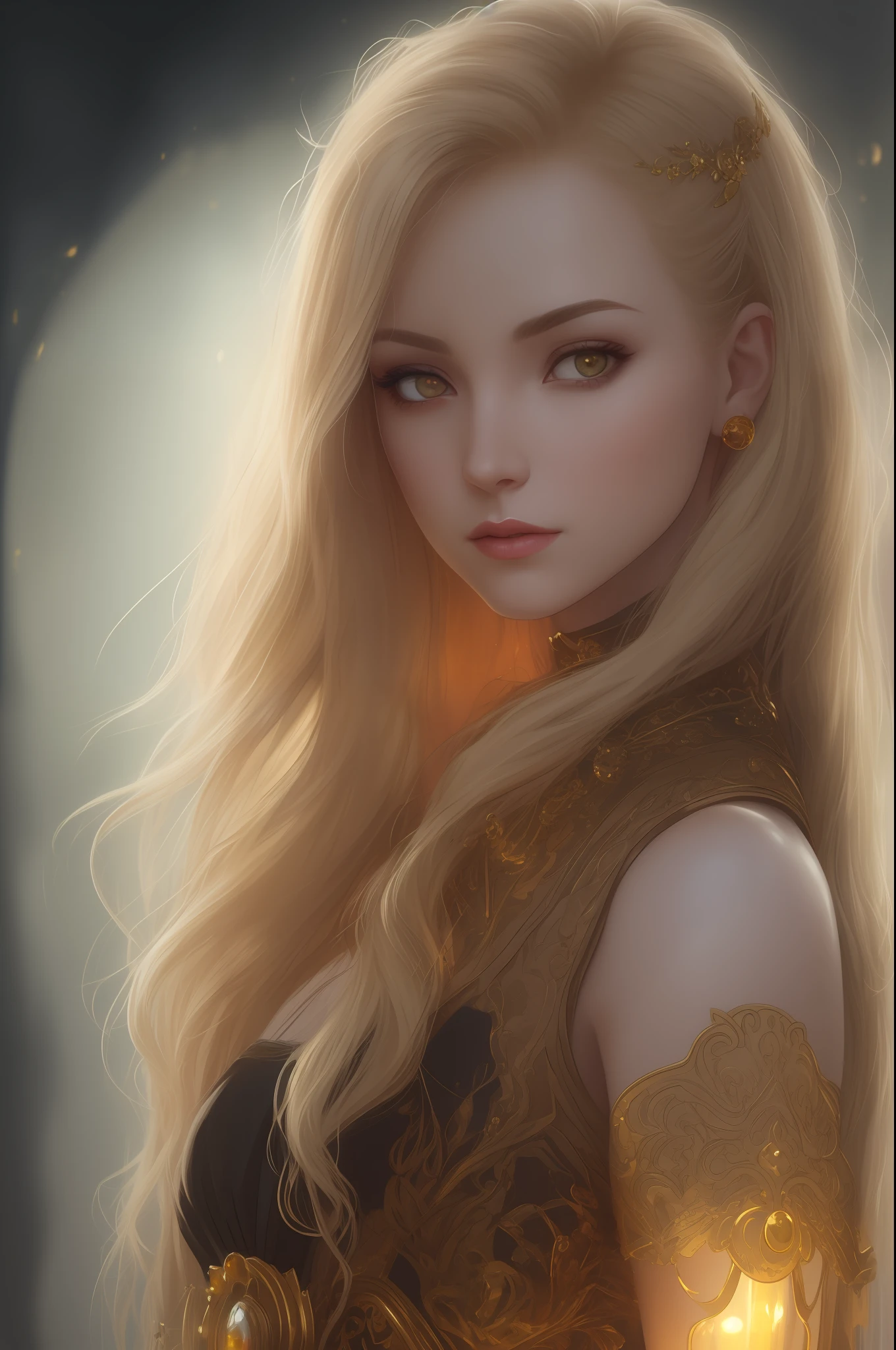 (8k, RAW photo, best quality, masterpiece:1.2), modelshoot style, (dark shot:1.5), Stunningly attractive woman with blonde soft hair, (victorian style:1.2), victorian dress high detailed and intricate, long curly hair, dramatic pose, (soft warm skin with wax effect:1.3), pastel, (glossy lips and the tip of the nose with bright small glare:1.4), (bright highlights:1.6), detailed eyes, (soft volumetric light:1.5), (subsurface scattering:1.5), wax, (night light:1.6), global illumination, Soft Shadows, (dark background with cool lighting:1.0), bokeh, Charlie Bowater, stanley artgerm lau, a detailed painting, fantasy art, artstation, trending on Artstation, art like midjourney and Rutkowski, hyperdetailed, insane details, intricate details, (oil painting:1.5), (digital art:1.5), glare on the corneas of the eyes, round pupils, refraction, screen space reflections, screen space ambient occlusion, (hdr:1.4), full body shot, (gold jewelry with amber gems:1.1)