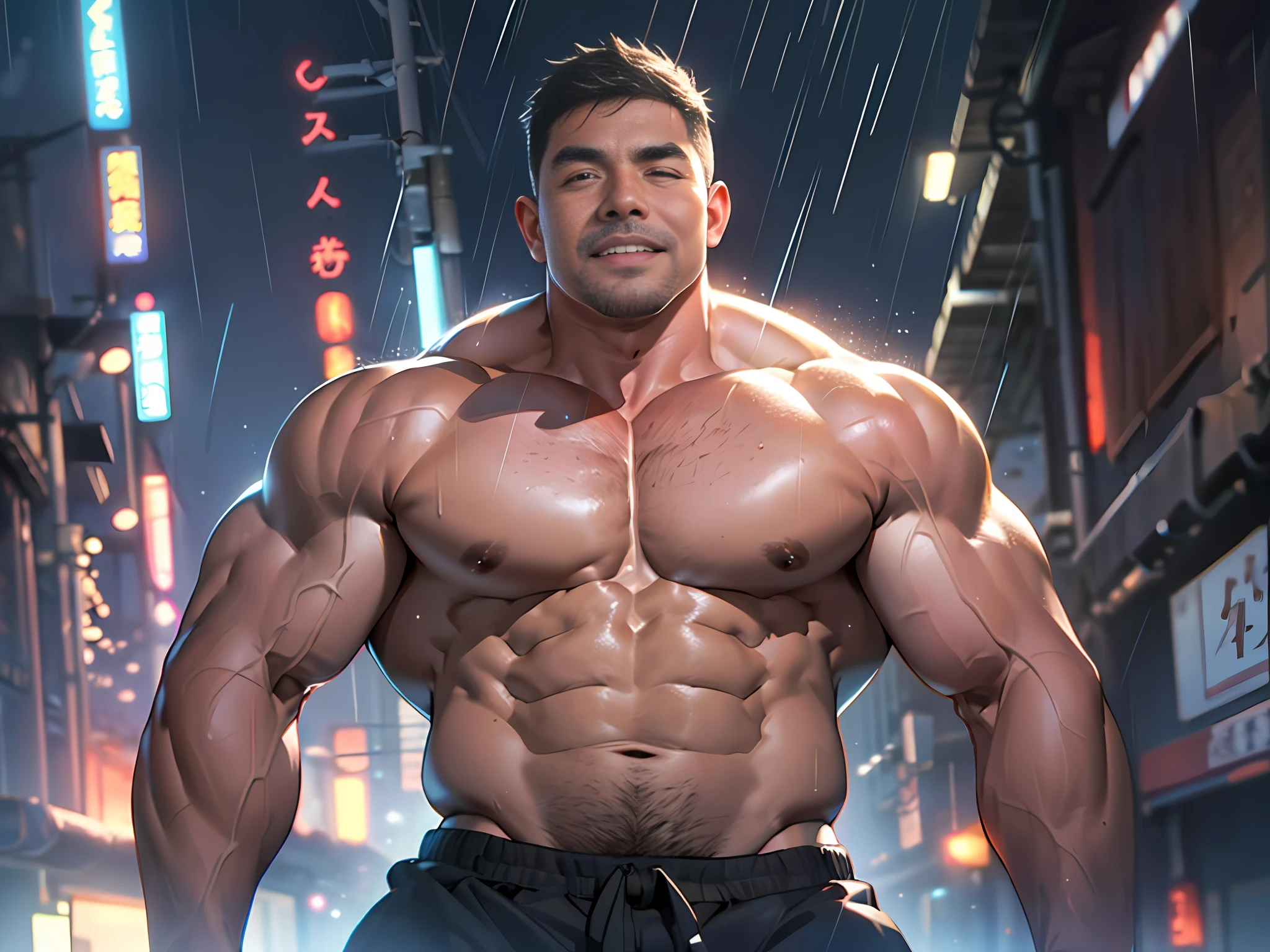 1boy, best quality, mature male, muscular male, (bala chunky: 1.5), bala daddy, thick arms, thick legs, sweatpants, night, full body, (clear focus, wide angle lens, dark background: 1.8), chinese architecture, fat, realistic photos, masterpiece, ????? upper body, male, shorts, short hair, strong, (pectoralis major muscles: 0.9), tough guy, (???? upper body: 1.2), smile, open eyes, rain, fog, (perspective, depth of field, bleaching bypass: 1.4), Realistic, high resolution, ultra-detailed, cinematic lighting, film grain, chromatic aberration