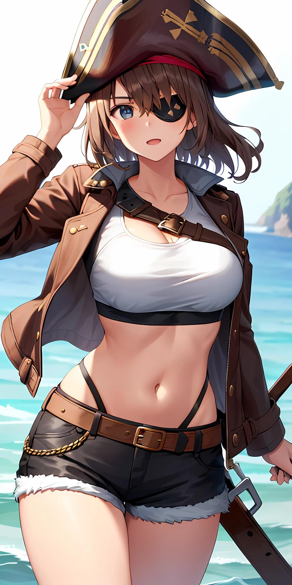1girl, solo, brown hair, large breasts, pirate hat, (open jacket, crop top, eye patch), shorts, island background