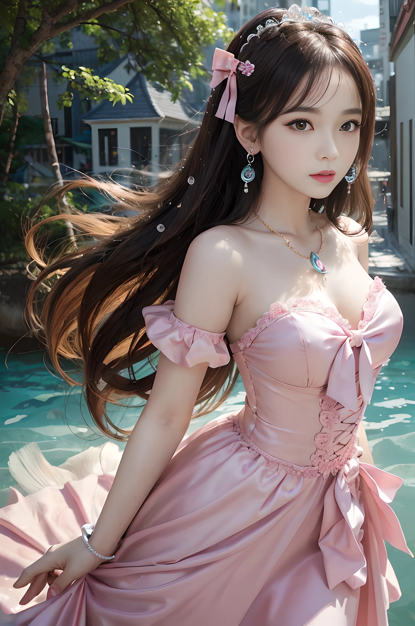 ((Realistic lighting, top quality, 8K, Masterpiece: 1.3)), Clear Focus: 1.2, 1Woman, Perfect Beauty: 1.4, Yushuxin, 1Girl, Dress, Solo, Brunette, Jewelry, Long Hair, Earrings, Bow, Pink Dress, Wood, Nature, Outdoor, Bare Shoulder, Airless Gainsboro, Long Dress, Hair Bow, Forest, Pink Bow,Strapless, Standing, Necklace, Head Tilt, Chapped Lips, Wavy Hair, Strapless Dress,Lace Sleeves, Setin dress,Close-up of woman in pink dress posing for photo, beautiful maiden, anime girl cosplay, beautiful korean woman, beautiful princess, cute elegant pose, bell delphine, wearing pink dress, beautiful fantasy maiden, anime princess, beautiful seductive anime woman,beautiful asian girl, attractive anime girl, elegant glamorous cosplay,take a frontal photo,(in the city submerged in seawater:1.5),(beautiful orb-jointed doll:1.3), luxurious princess dress,