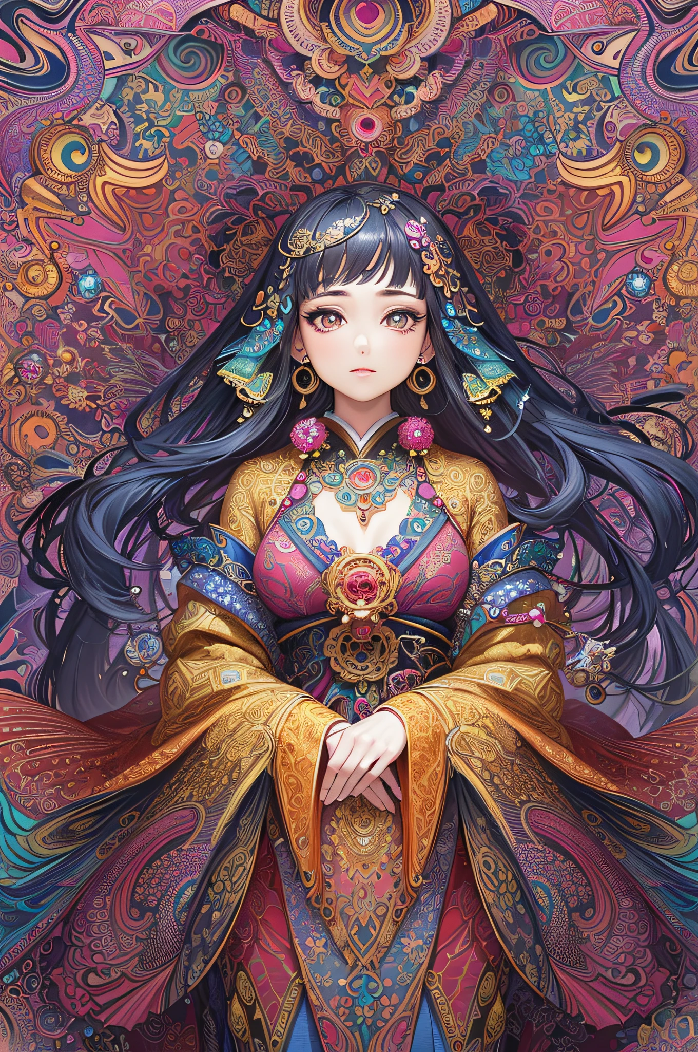 (masterpiece, top quality, best quality, official art, beautiful and aesthetic:1.2), (1girl:1.3), extremely detailed,(fractal art:1.1),(colorful:1.1),highest detailed,(zentangle:1.2), (dynamic pose), (abstract background:1.5), (japanese dress:1.2), (shiny skin), (many colors:1.4), ,(earrings:1.4),
