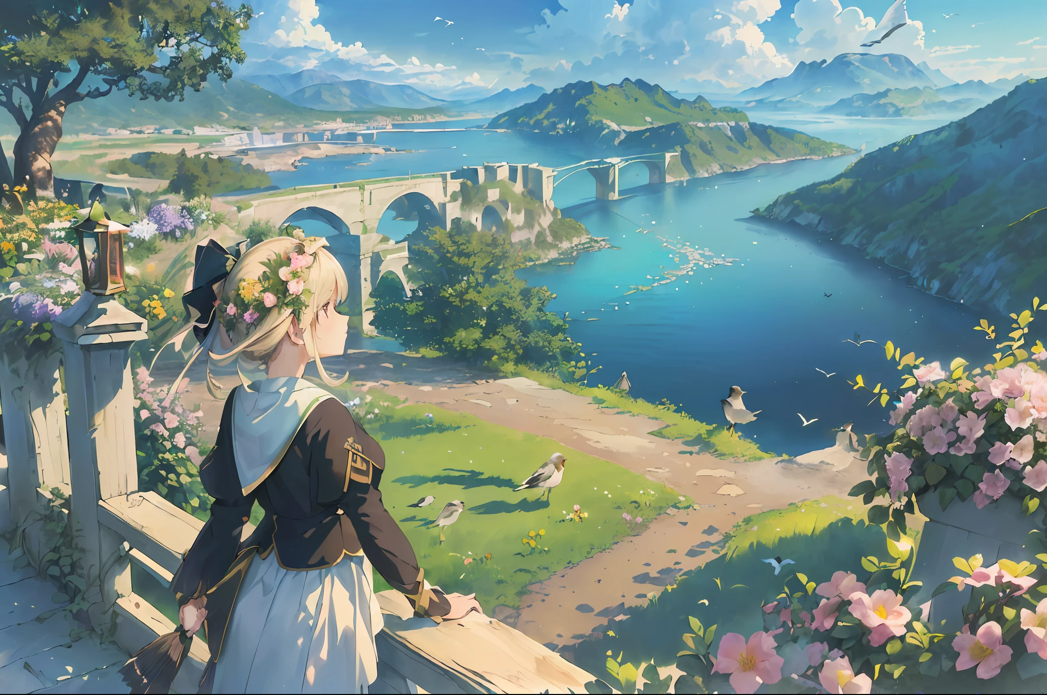 ((masterpiece,best quality,official art,unity 8k wallpaper, highres, (1girl:1.4),looking away,(breathtaking landscapes:1.2), natural wonders, serene vistas, outdoor exploration, (diverse ecosystems:1.2), scenic beauty, tree,castle,village,flowers,bridge,fence, (birds:1.2)