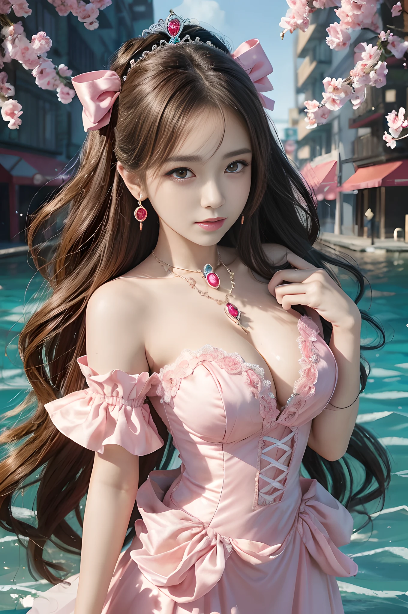 ((Realistic lighting, top quality, 8K, Masterpiece: 1.3)), Clear Focus: 1.2, 1Woman, Perfect Beauty: 1.4, Yushuxin, 1Girl, Dress, Solo, Brunette, Jewelry, Long Hair, Earrings, Bow, Pink Dress, Wood, Nature, Outdoor, Bare Shoulder, Airless Gainsboro, Long Dress, Hair Bow, Forest, Pink Bow,Strapless, Standing, Necklace, Head Tilt, Chapped Lips, Wavy Hair, Strapless Dress,Lace Sleeves, Setin dress,Close-up of woman in pink dress posing for photo, beautiful maiden, anime girl cosplay, beautiful korean woman, beautiful princess, cute elegant pose, bell delphine, wearing pink dress, beautiful fantasy maiden, anime princess, beautiful seductive anime woman,beautiful asian girl, attractive anime girl, elegant glamorous cosplay,take a frontal photo,(in the city submerged in seawater:1.5),(beautiful orb-jointed doll:1.3), luxurious princess dress,