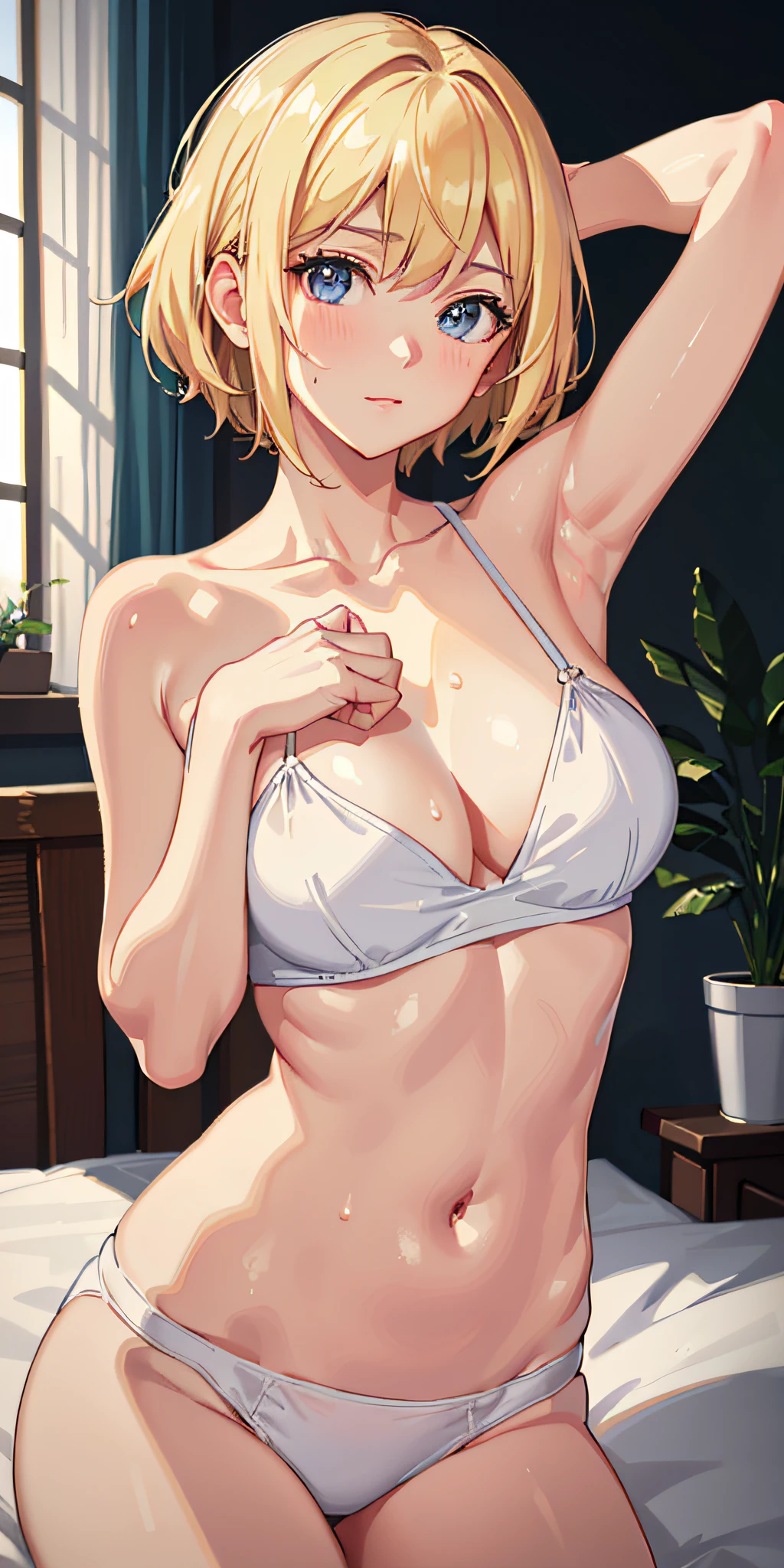 (((Masterpiece: 1.5, highest quality, High resolution: 1.3, Super resolution, Ultra detail, Ultra detail: 1.3, Rich background: 1.2))), (Face closeup)), 1 girl, Solo, pretty eyes, Blonde hair, Short hair, Dull bangs, Transparent white T-shirt, White bikini inside T-shirt, white panties, (one hand up)), (Armpit), (Sweat), (Indoor), (Bed)), Landscape, ( dusk), (Dynamic Light: 1.4))