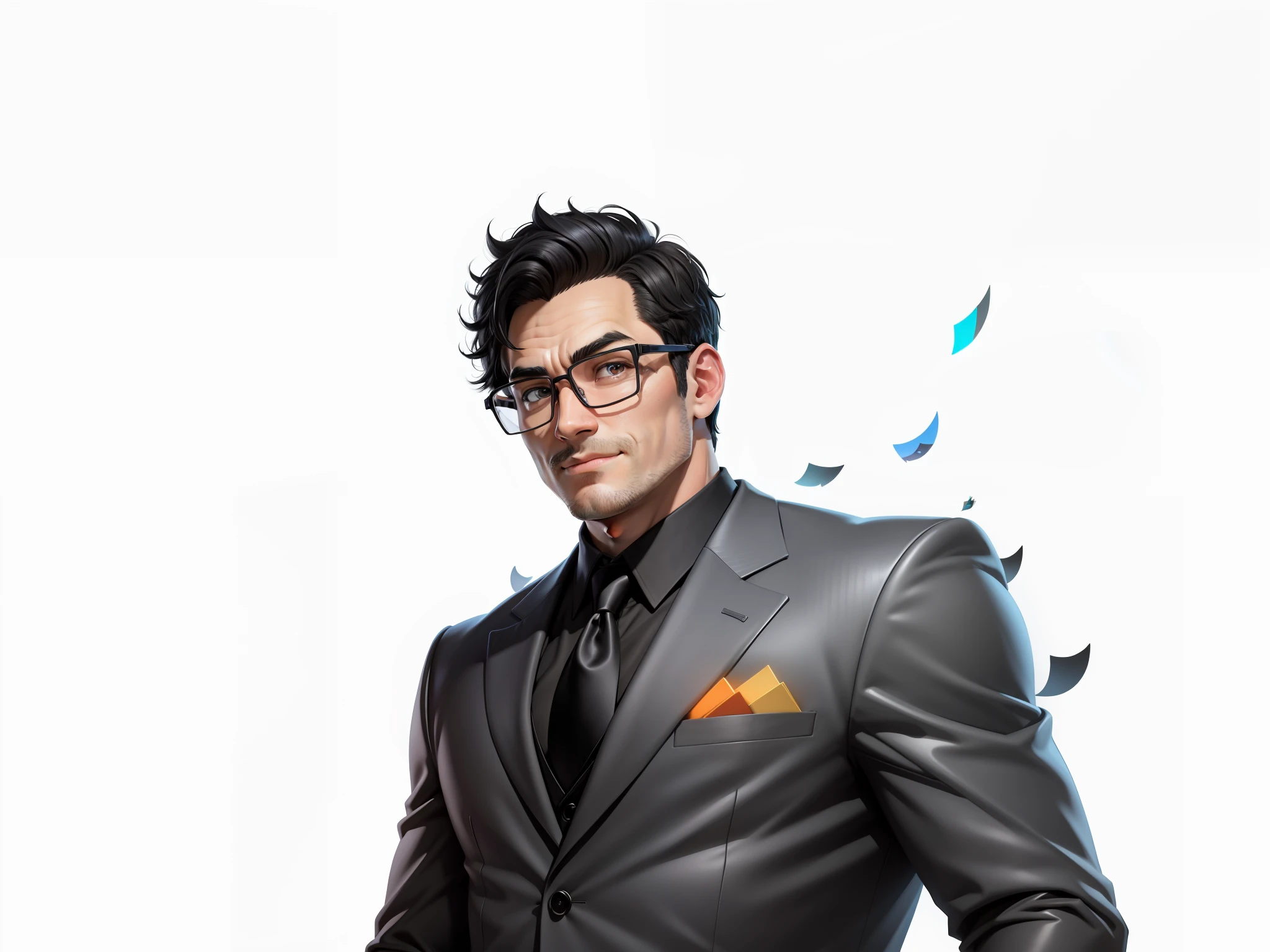 Super young man 35 years old, silver glasses, slightly chubby face, clean face, no beard on chin, black super short hair, black eyes, black suit, blue tie, confident smile, digital painting, film, 3D character design by Mark Clairedon and Pixar and Hayao Miyazaki, the illustration is a high-definition illustration in 4K resolution with very detailed facial features and cartoon-style visuals.