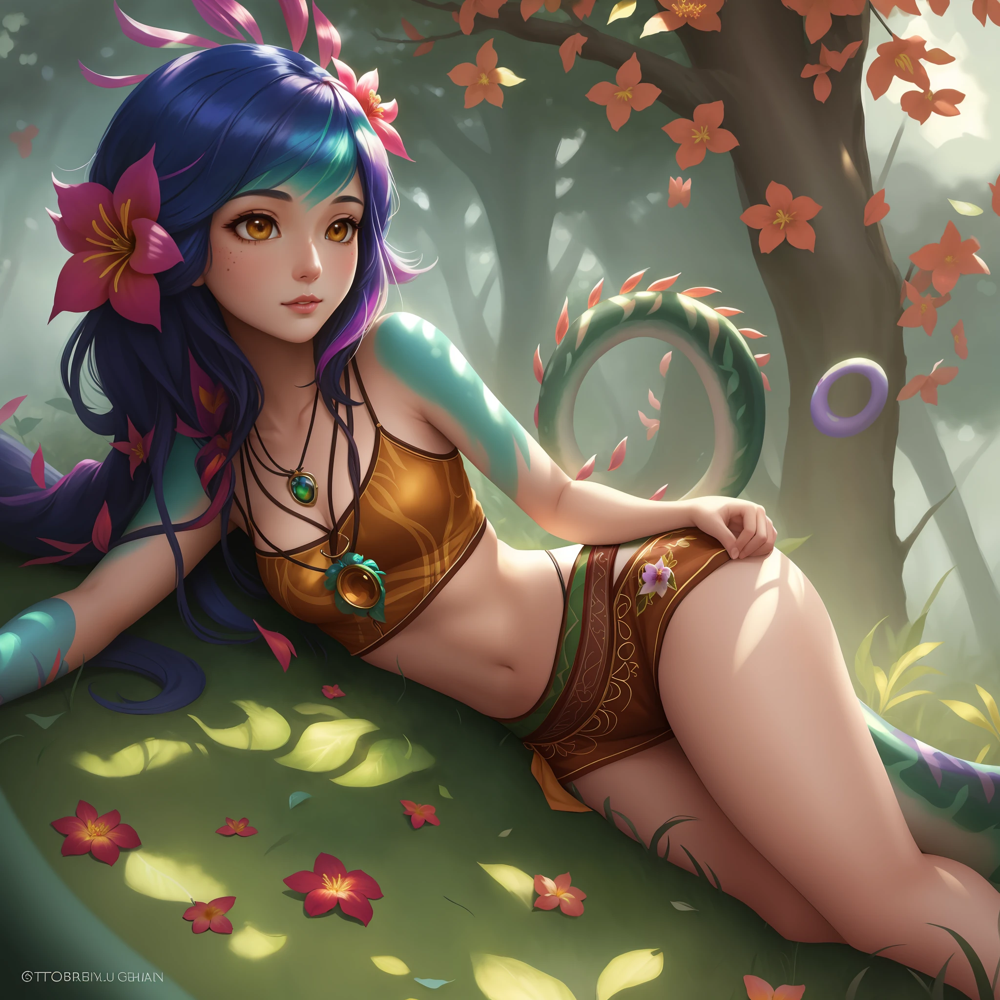 8k portrait of beautiful female, neeko, facial marks, hair ornaments, hair flower, necklace, brown shorts, croptop, intricate, elegant, highly detailed, majestic, digital photography, art by artgerm and ruan jia and greg rutkowski surreal painting, jungle, (masterpiece, sidelighting, finely detailed beautiful eyes: 1.2), hdr, full body, lying ground, cloud, colorful, lizard tail, background tree