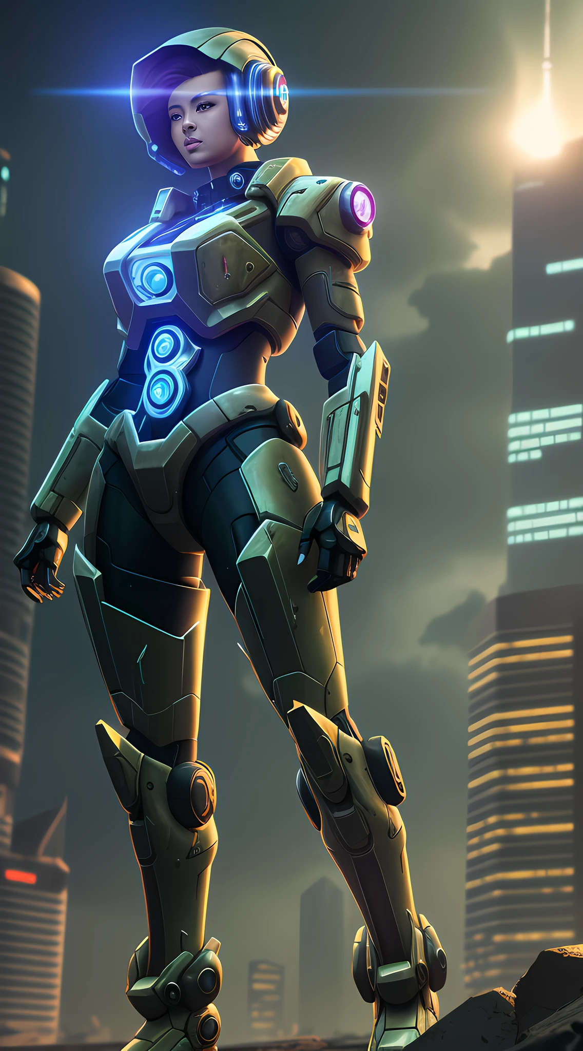 A woman, futuristic technology sense wearing, cyberpunk style, doomsday wind, mecha wind, joint glow, eyes glowing , standing on the doomsday wasteland, techno-style, ray tracing, light reflection